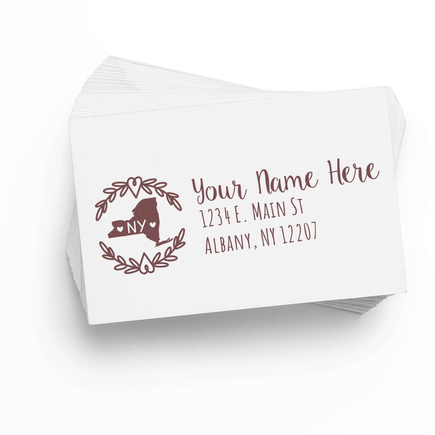 Custom return address rubber stamp with New York state design, personalized name and address for envelopes and cards.