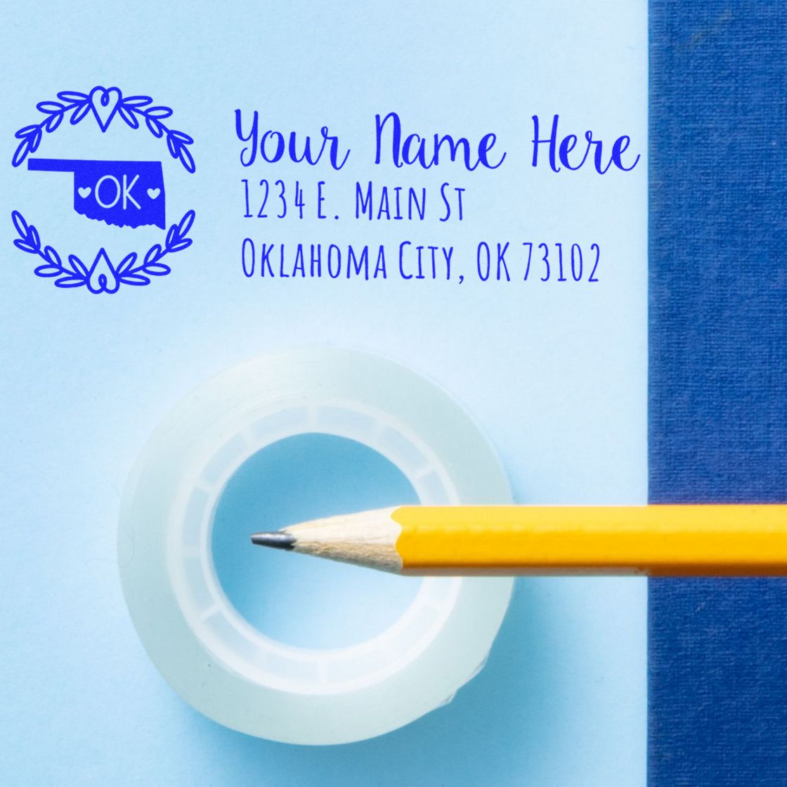 Custom Oklahoma address rubber stamp with decorative OK design, name, and mailing address imprint for envelopes and stationery.