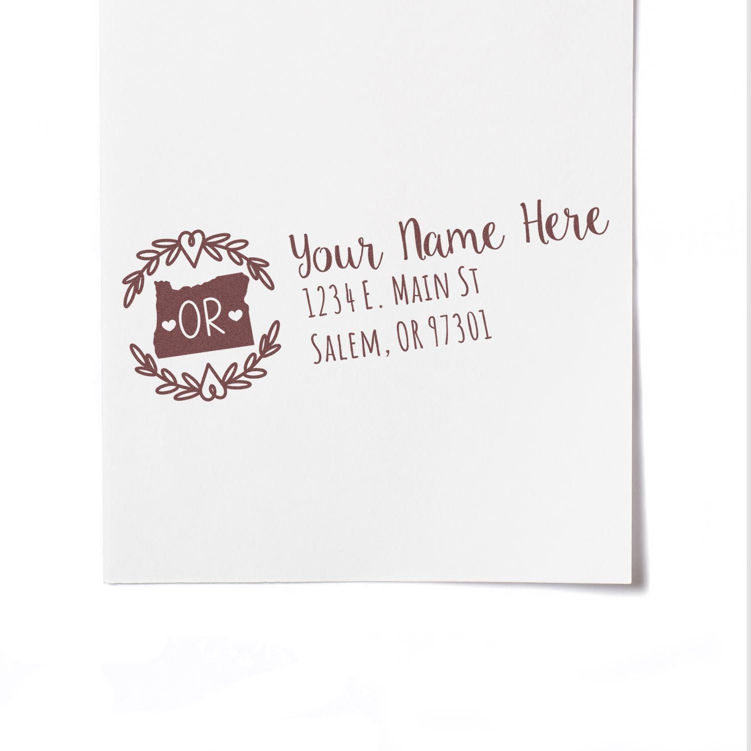 Custom Oregon return address rubber stamp with floral wreath, personalized name and address for envelopes.