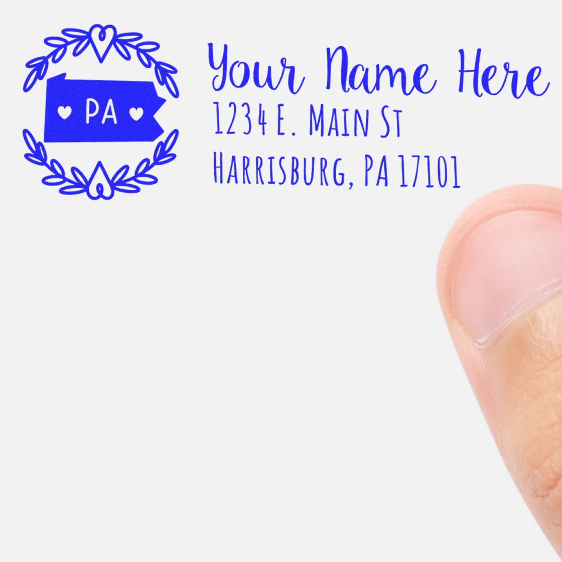 Personalized Pennsylvania return address rubber stamp with laurel wreath, PA state icon, and Harrisburg mailing address.