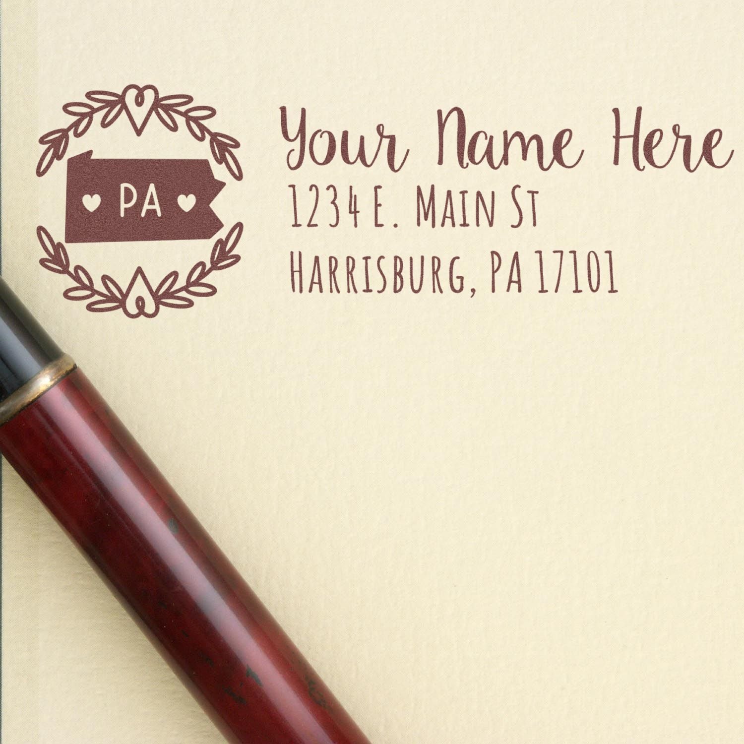Custom Pennsylvania return address rubber stamp for personalized envelopes, wedding invitations, and stationery.