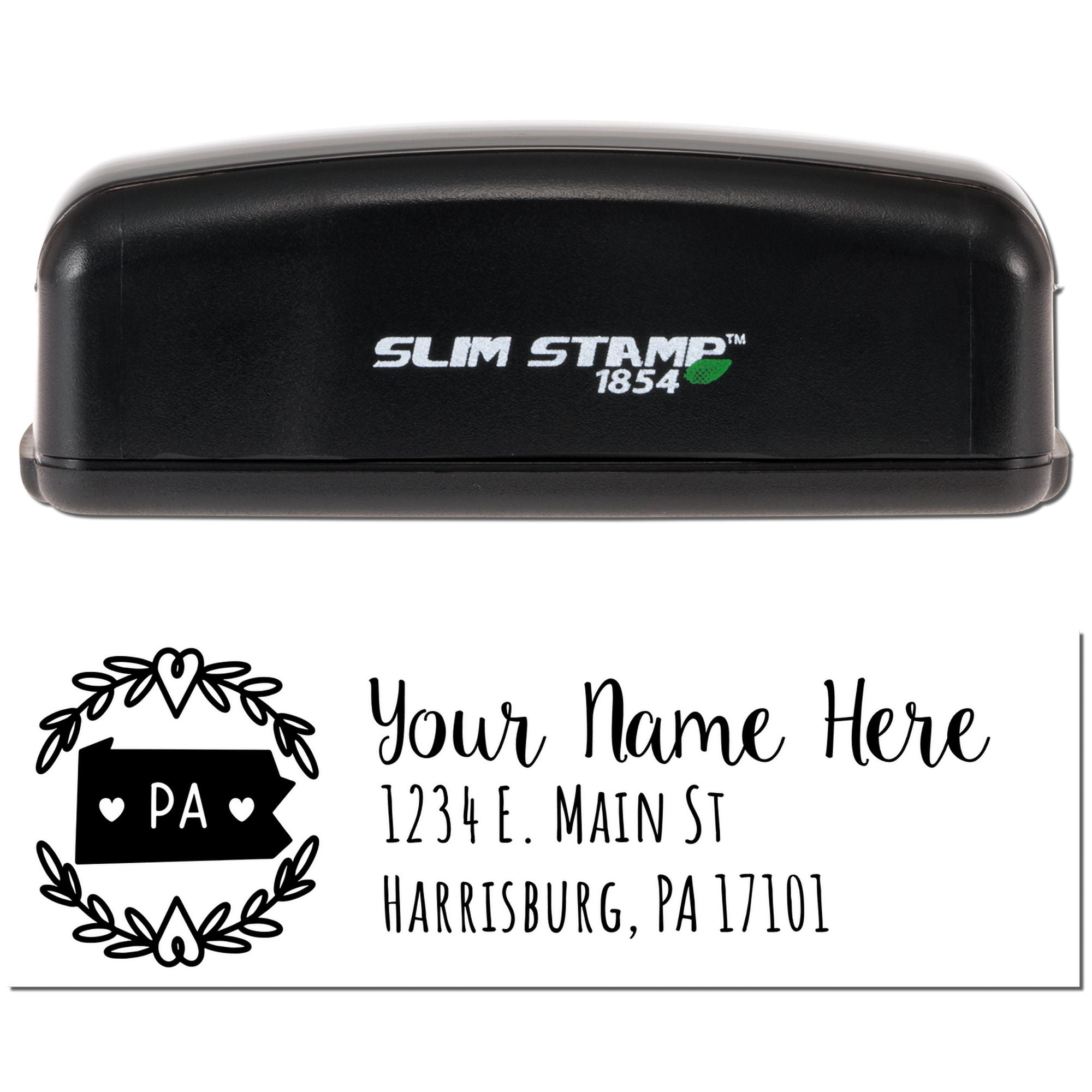 Custom self-inking return address rubber stamp with Slim Stamp 1854 and personalized Pennsylvania name-and-address design.