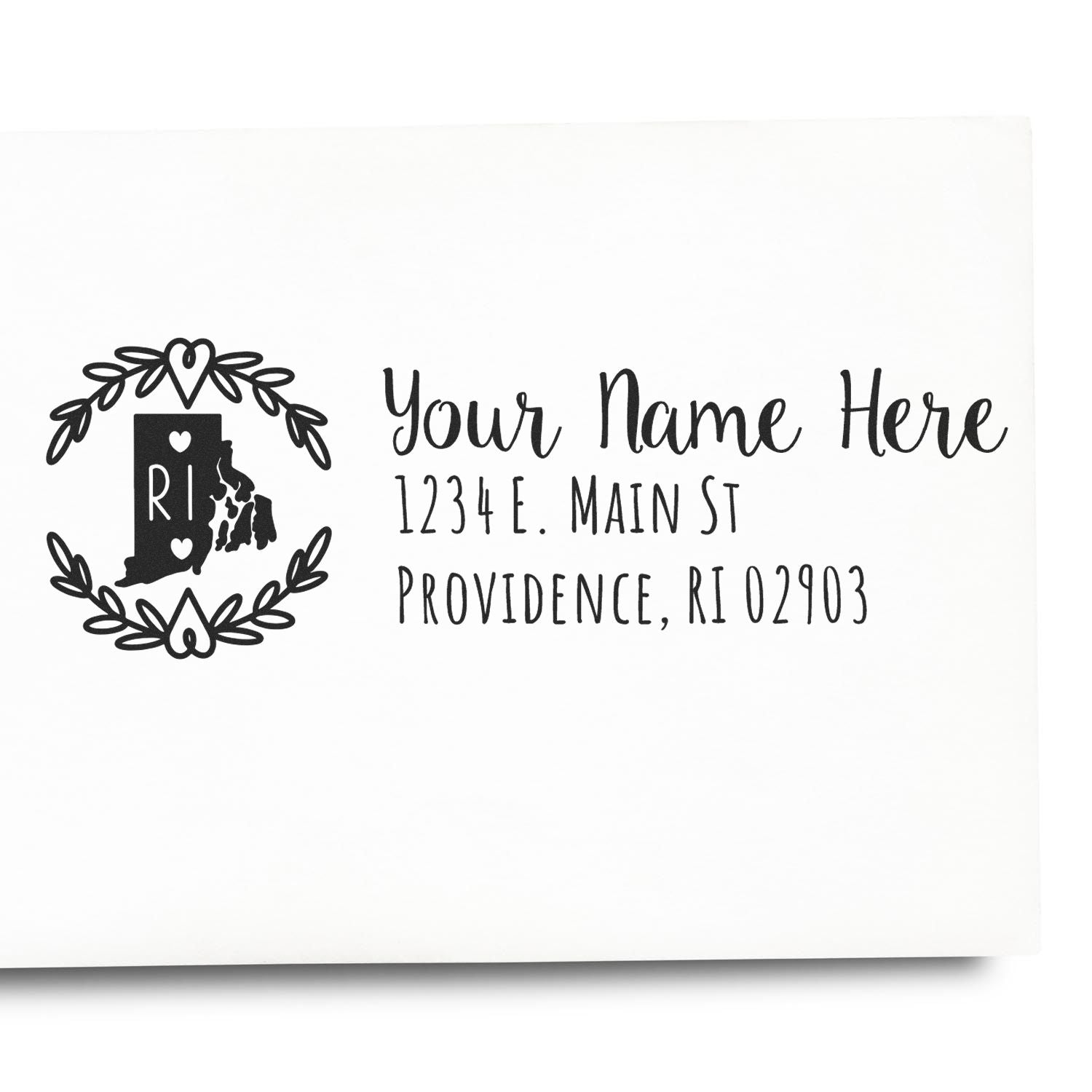Custom Rhode Island address rubber stamp with wreath monogram, personalized name, street address, and ZIP code.