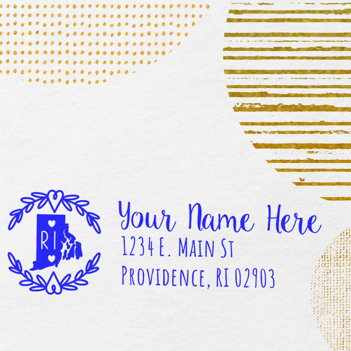 Custom Rhode Island return address rubber stamp with name, street address, and ZIP code for personalized mailings.