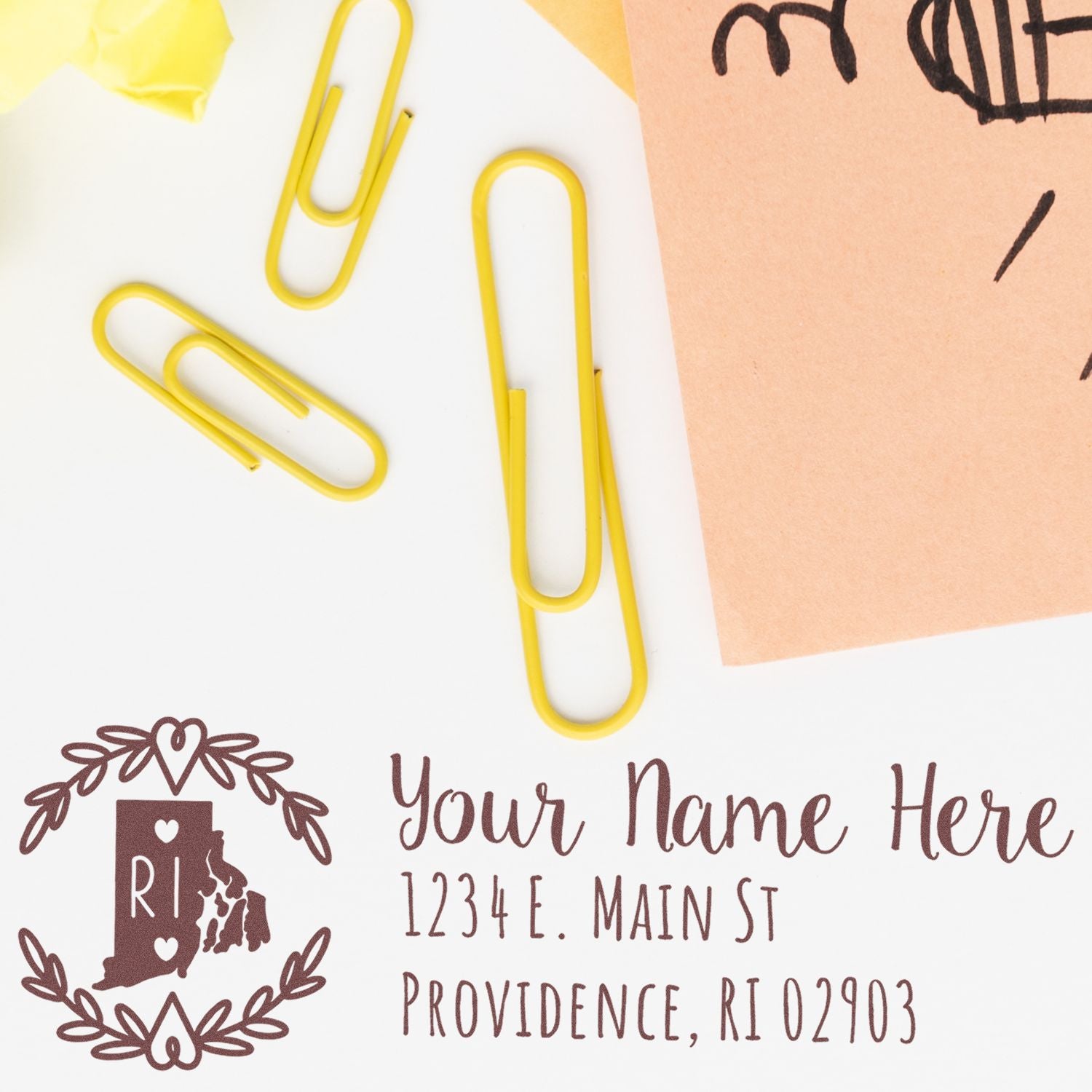 Custom Rhode Island return address rubber stamp with personalized name, street address, and ZIP code for stationery.