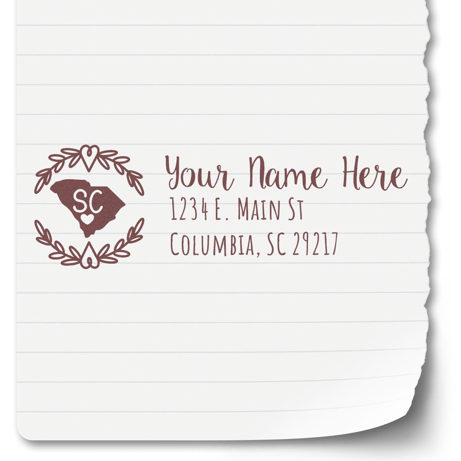 Custom South Carolina return address rubber stamp with floral wreath and personalized name, street address, and ZIP code.