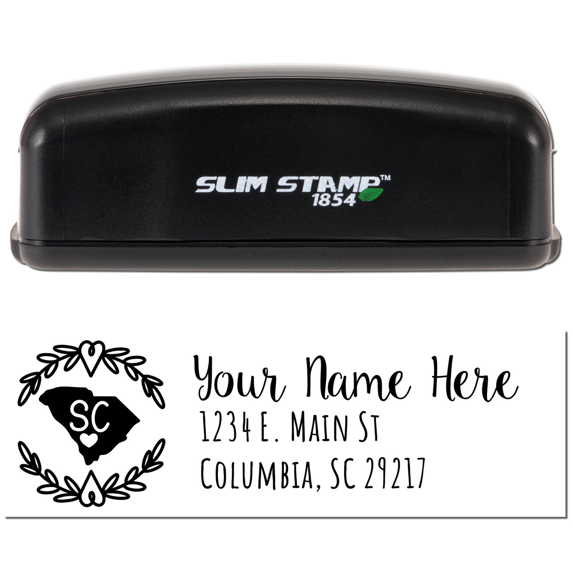 Custom Slim Stamp return address rubber stamp with South Carolina monogram, name, and address for personalized mailings.
