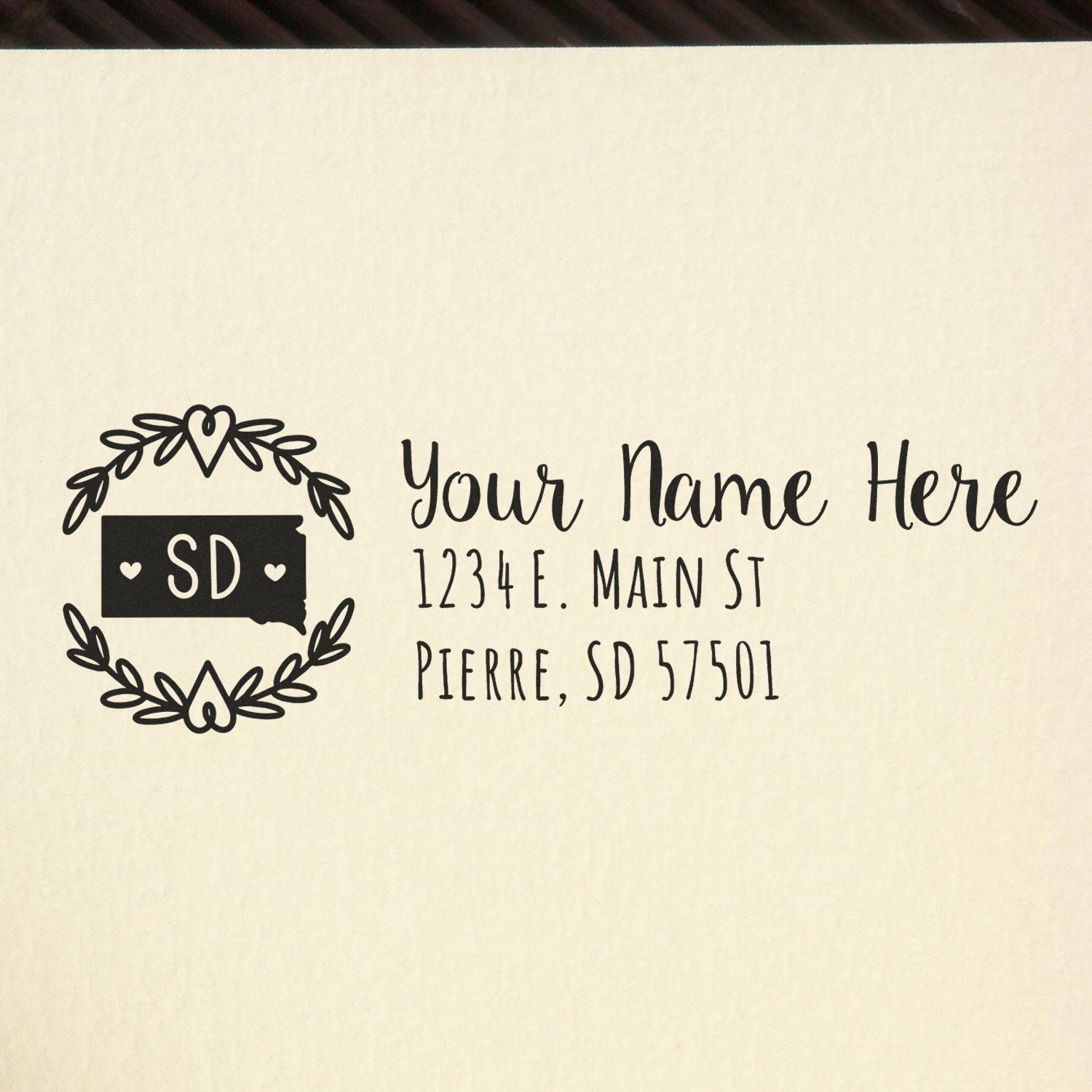 Custom address rubber stamp with South Dakota return address design for personalized mailing, weddings, and business envelopes.