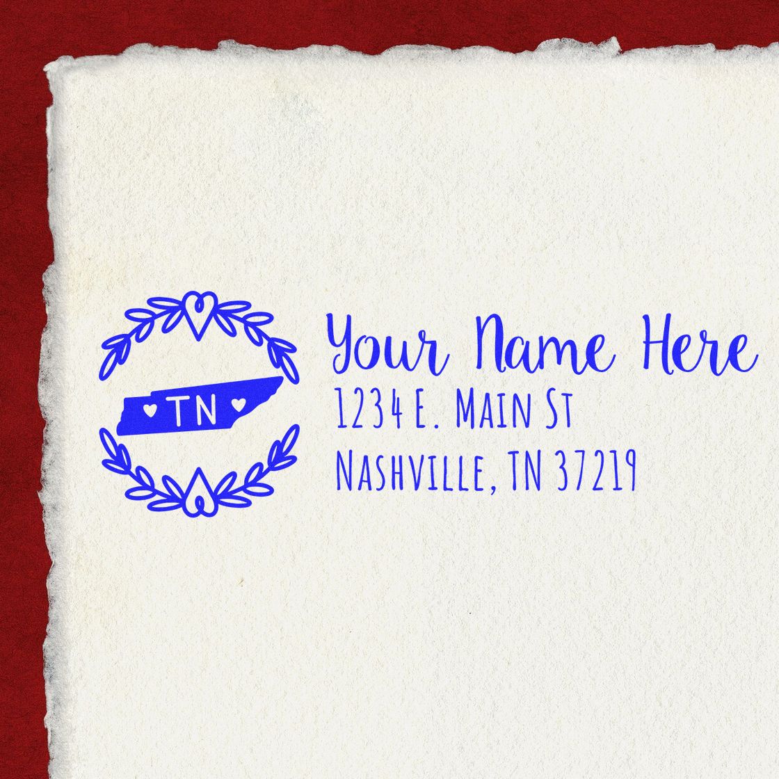 Personalized Tennessee return address rubber stamp with wreath monogram, name, street address, and Nashville, TN.