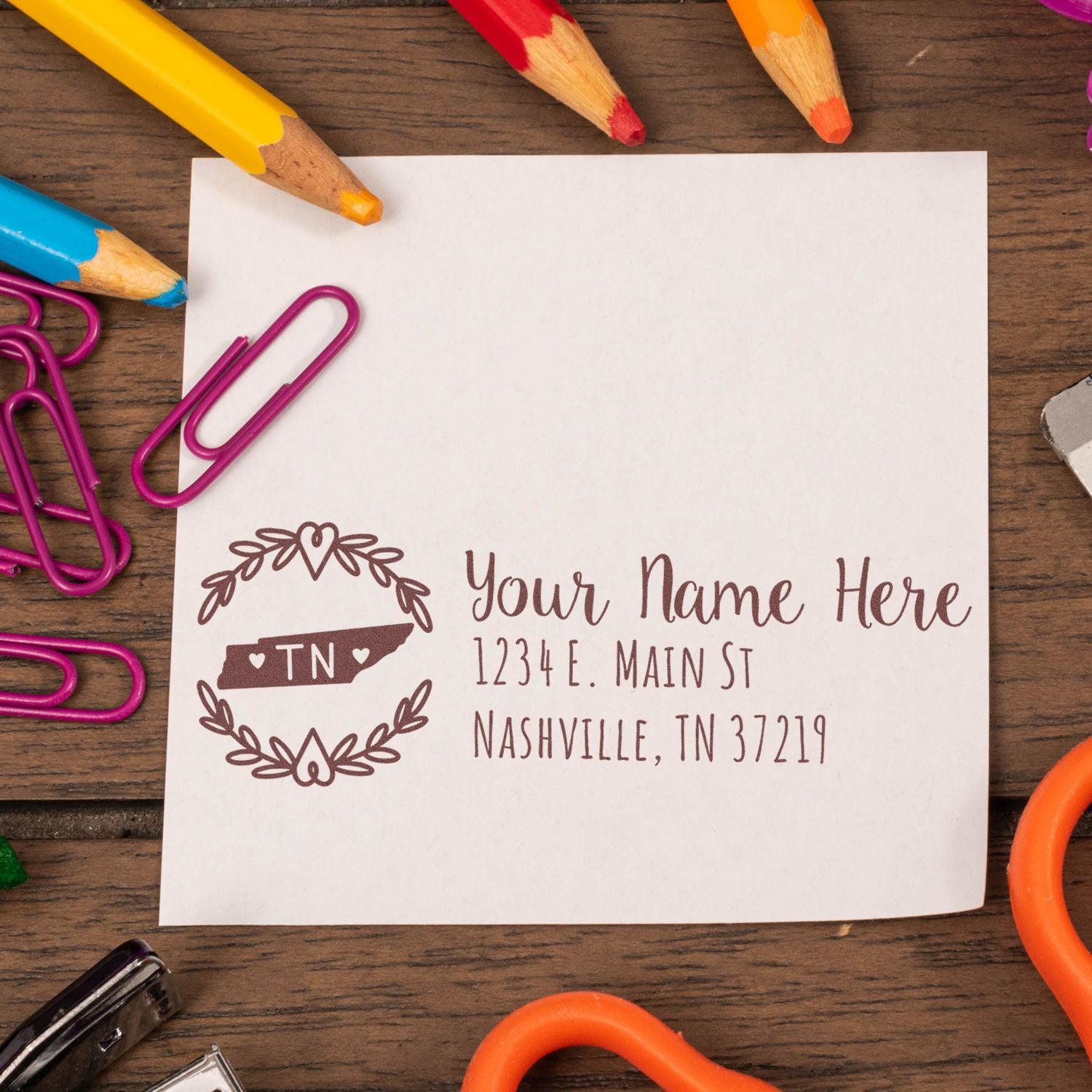 Personalized return address rubber stamp impression with Tennessee monogram and Nashville address.