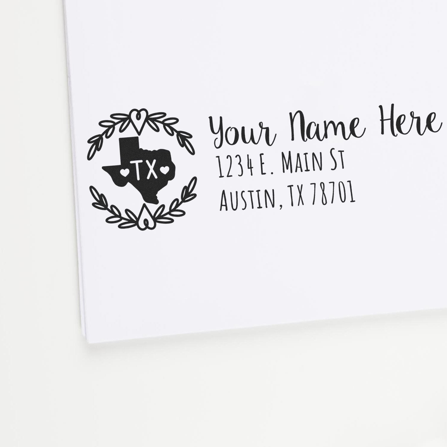 Custom return address rubber stamp with Texas design, personalized name and Austin, TX address for wedding invitations and mail.