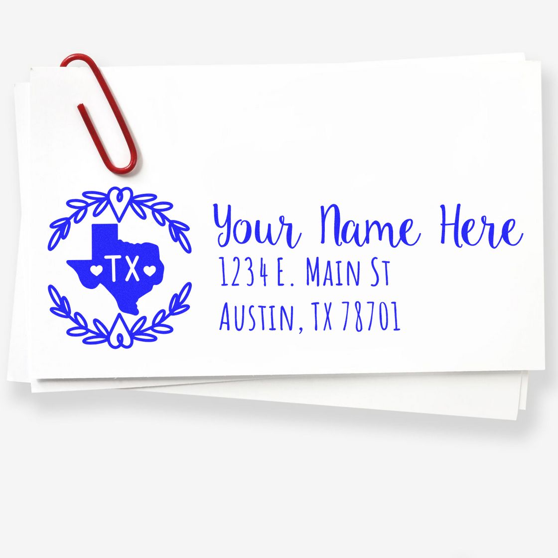 Custom Texas return address rubber stamp with personalized name, street address, and Austin, TX ZIP for envelopes.