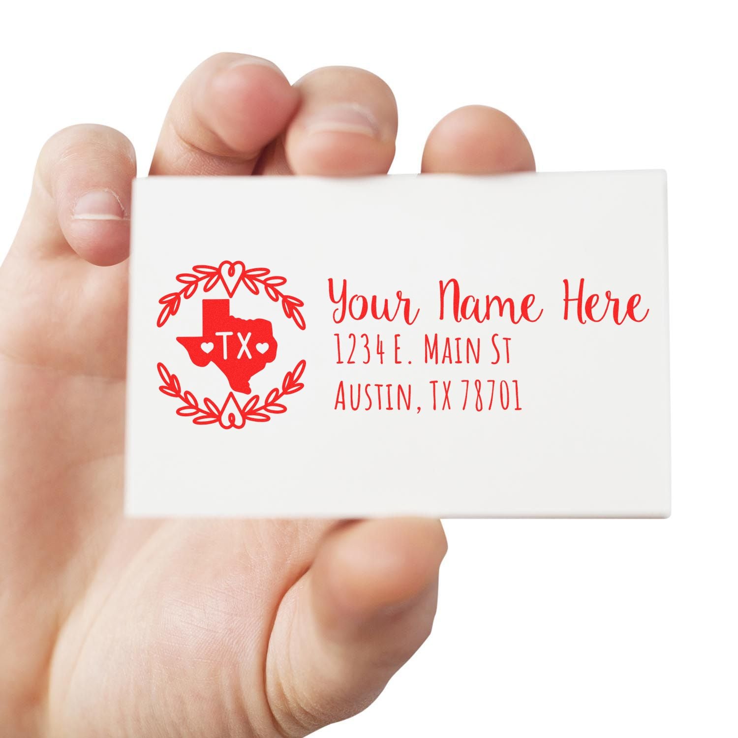 Personalized Texas return address rubber stamp with custom name, street address, and Austin, TX mailing details.