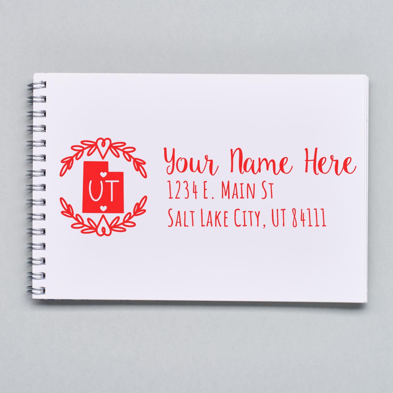 Personalized Utah return address rubber stamp with floral wreath, name, street address, and Salt Lake City, UT 84111