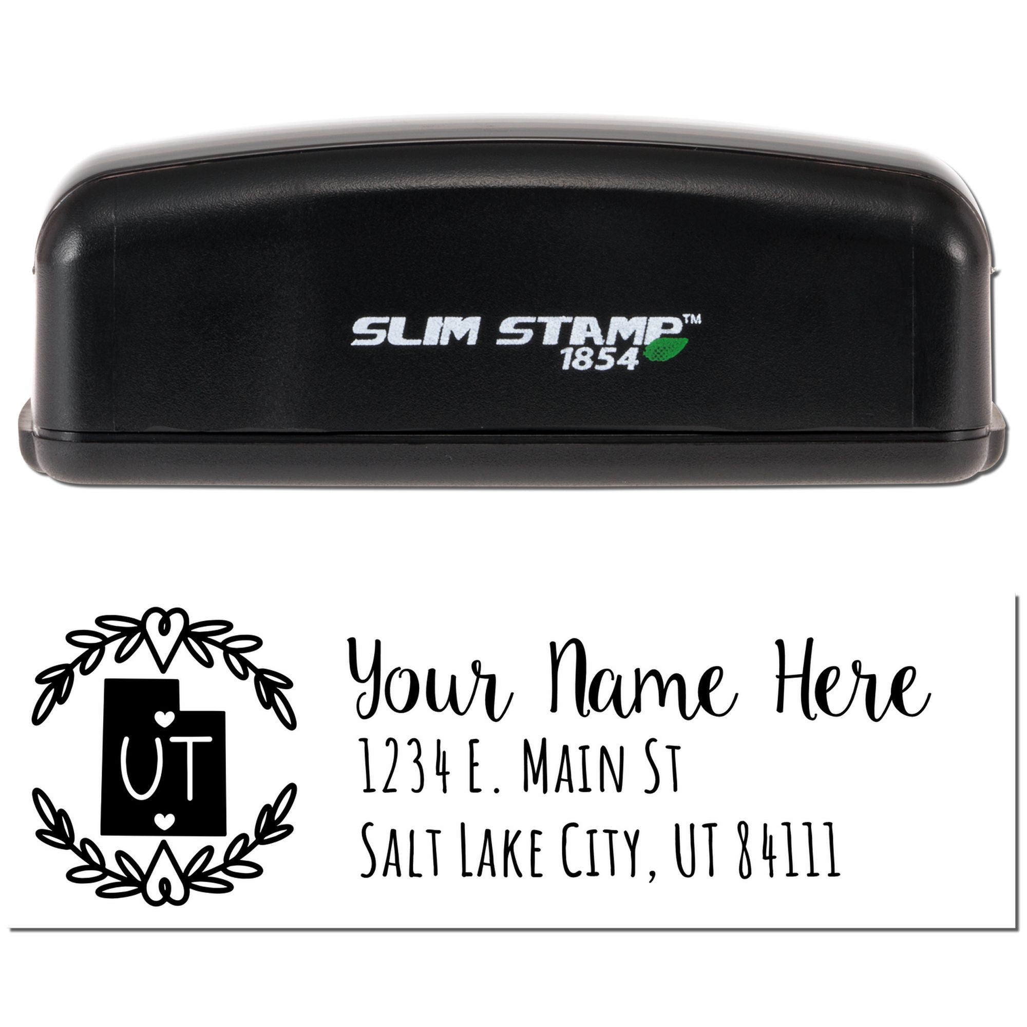 Custom Slim Stamp 1854 rubber stamp with Utah monogram, name, and Salt Lake City return address design