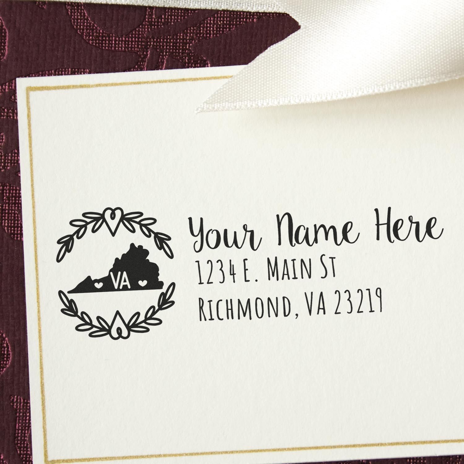 Personalized custom return address rubber stamp with Virginia state floral design, name, street, and Richmond, VA address.