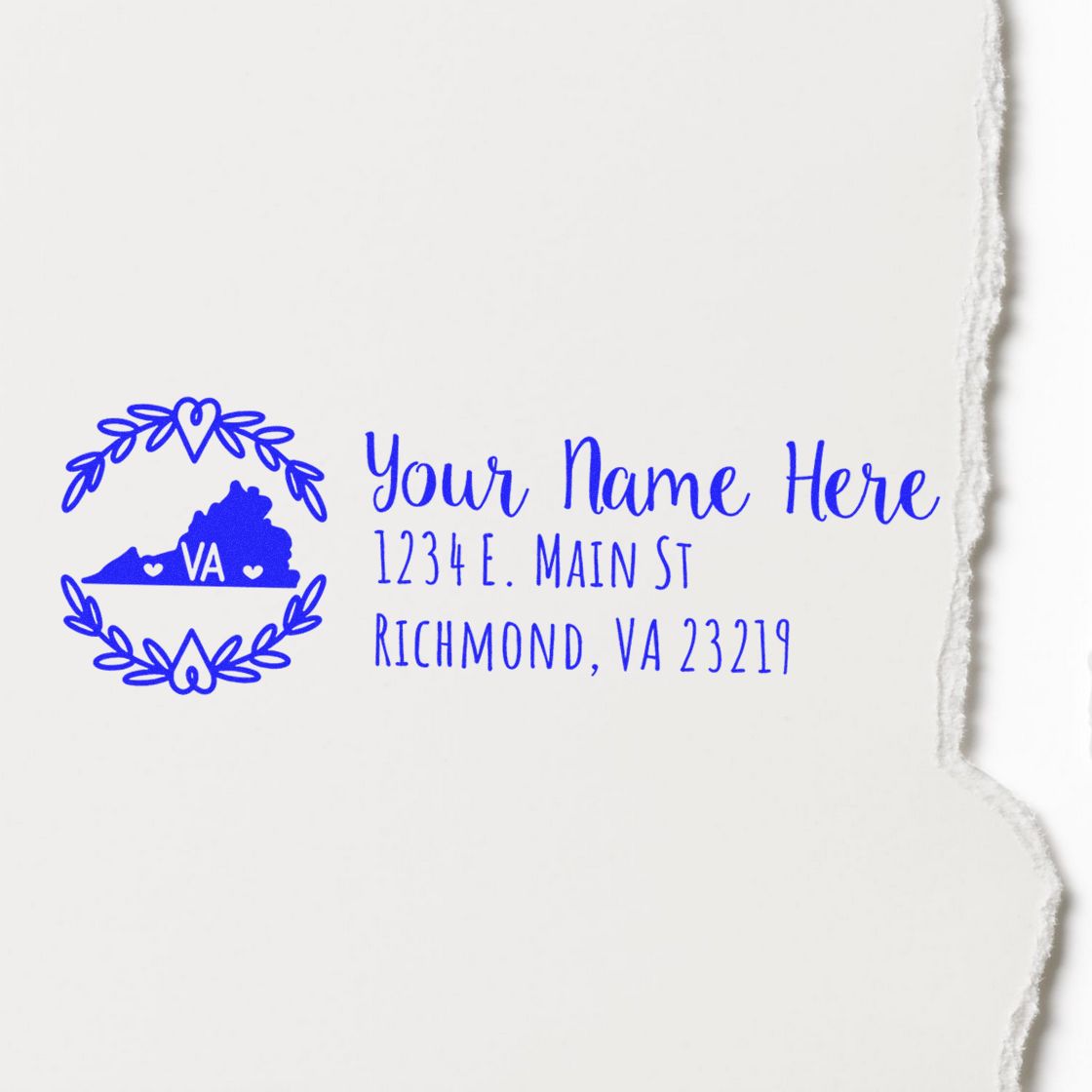 Custom Virginia address rubber stamp with laurel wreath and state outline for personalized return address envelopes.