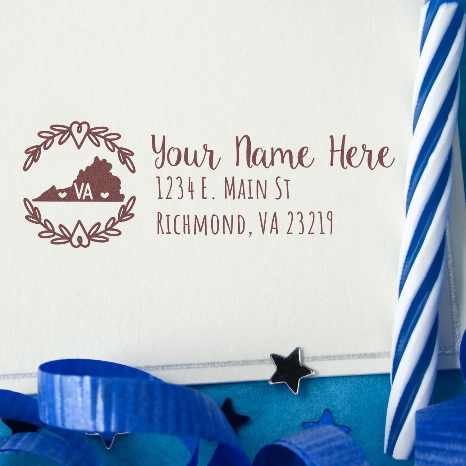 Custom Virginia return address rubber stamp with state silhouette, name, and Richmond, VA 23219 on stationery.