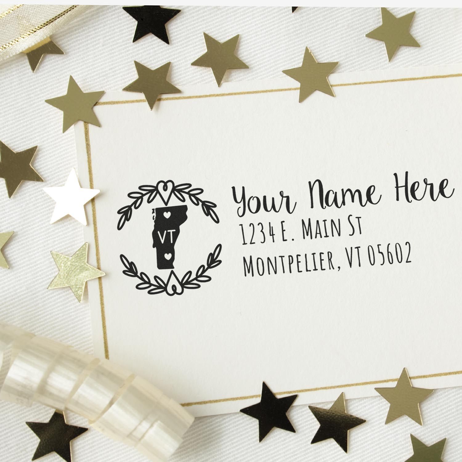 Personalized Vermont return address rubber stamp with floral wreath and state design for custom stationery.