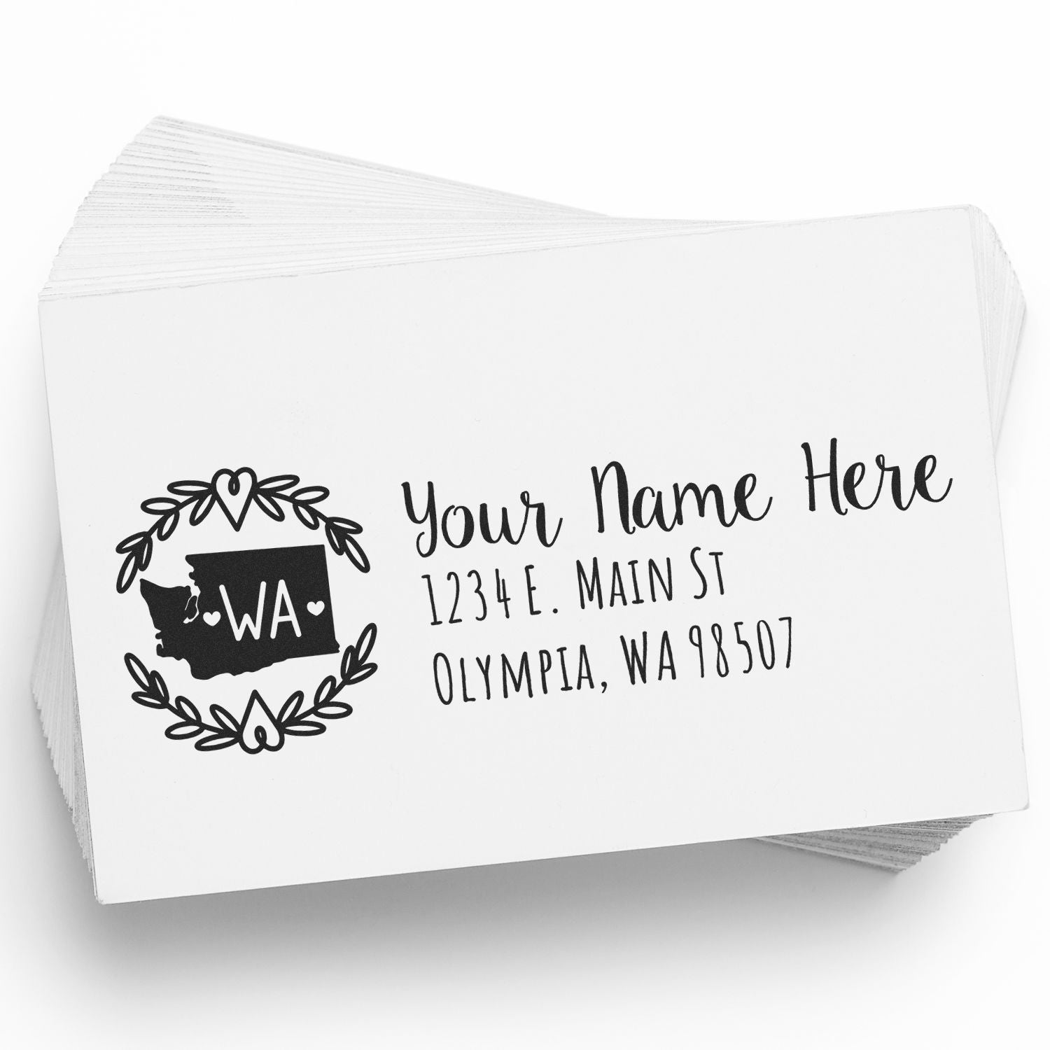 Custom Washington return address rubber stamp with personalized name, street address, and Olympia, WA ZIP code.