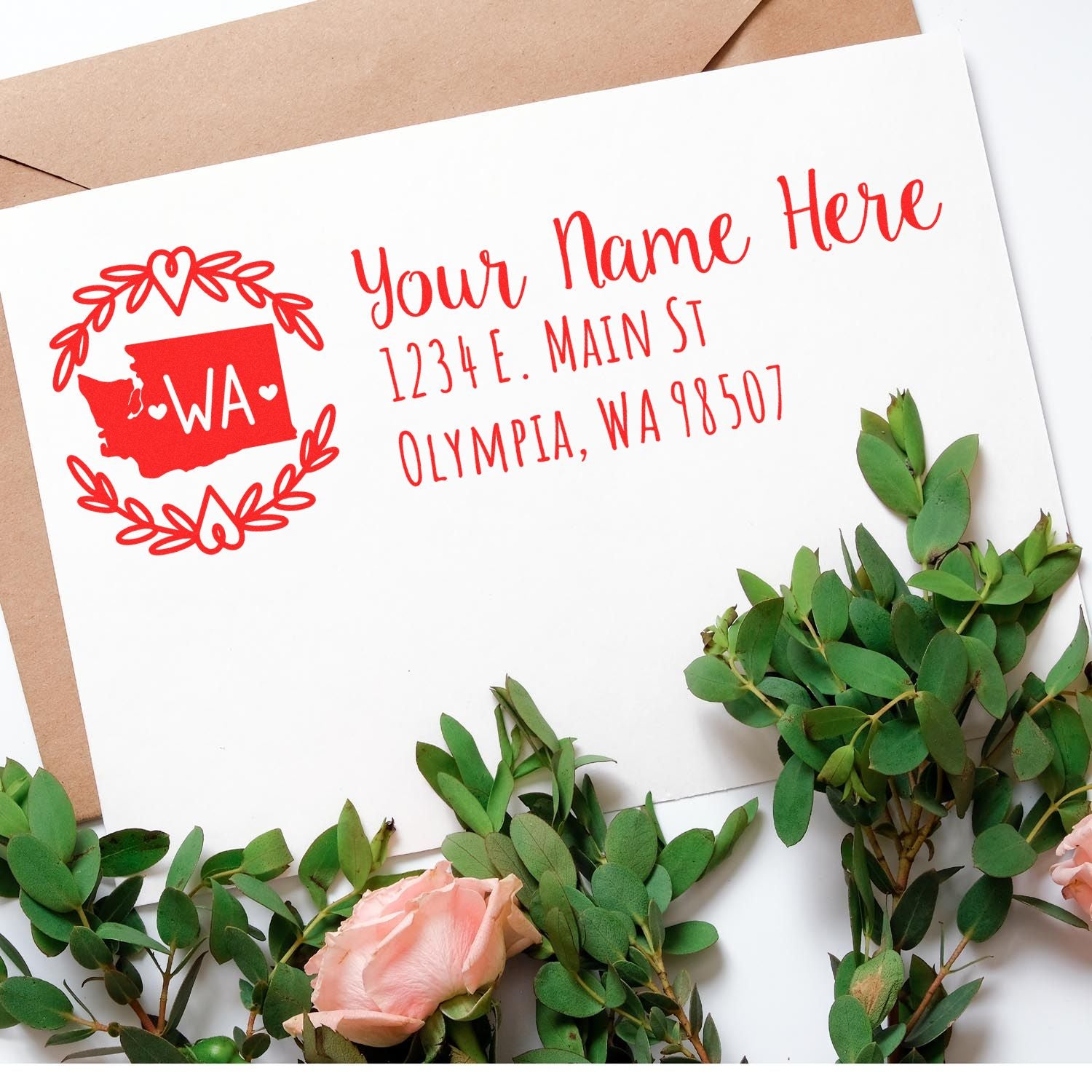 Custom Washington state return address rubber stamp with personalized name and address for envelopes and wedding invitations.