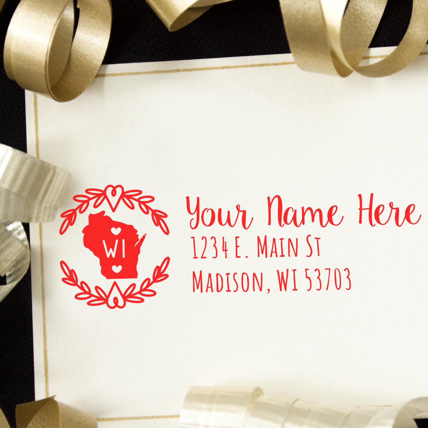 Personalized Wisconsin return address rubber stamp with floral state monogram for wedding invitations and envelopes.