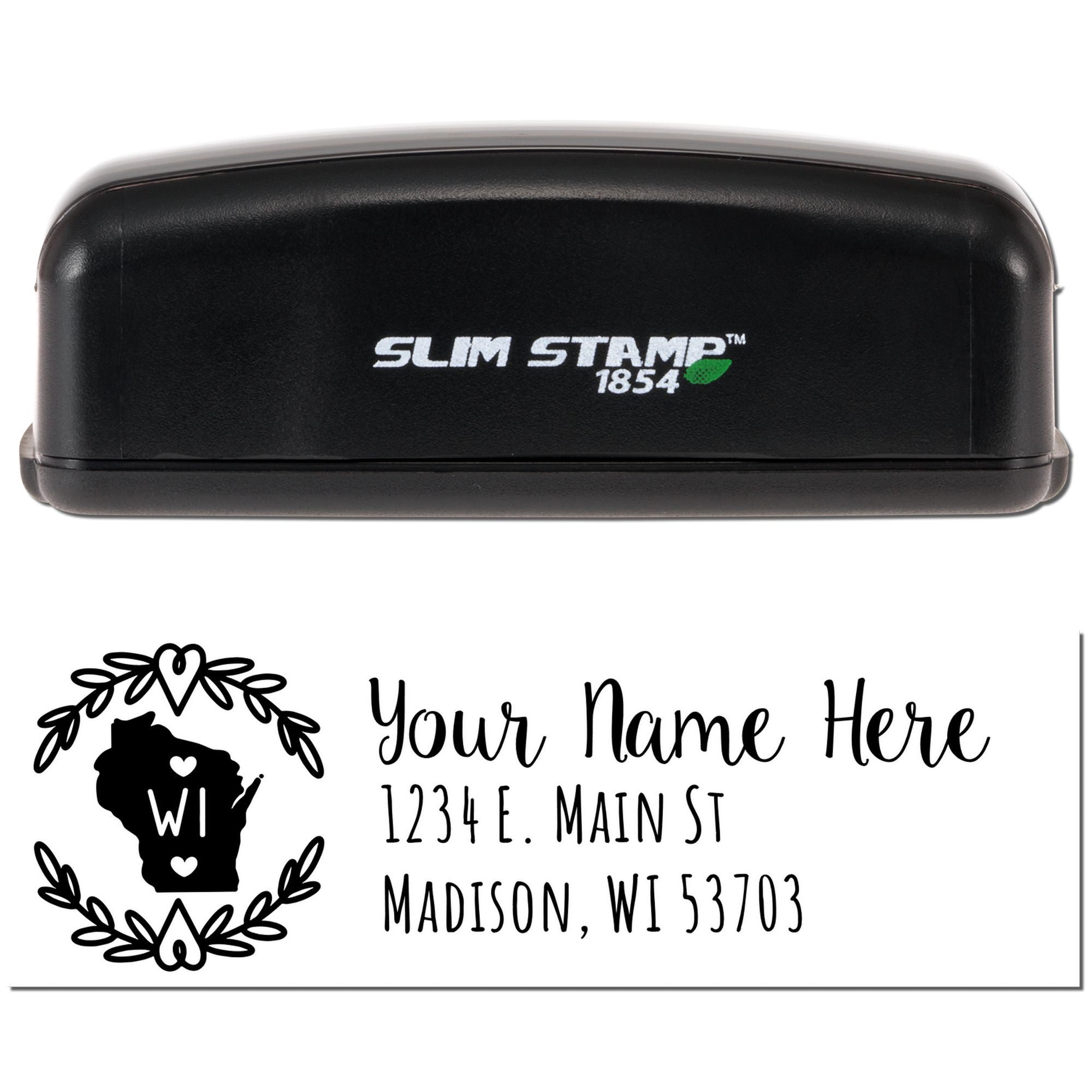 Slim Stamp 1854 self-inking custom address rubber stamp with Wisconsin state monogram and floral wreath design.