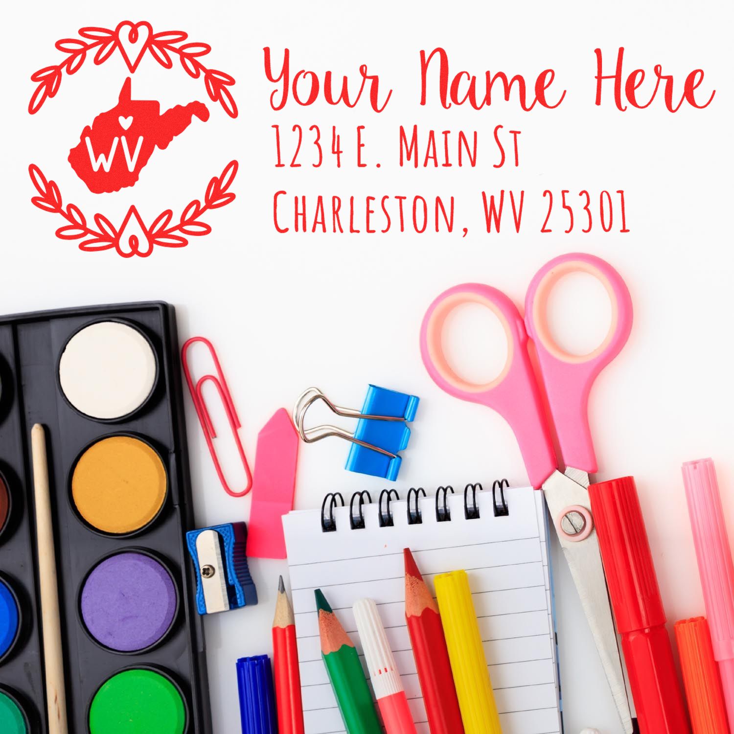 Custom West Virginia address rubber stamp with personalized name and Charleston, WV return address for mailing and crafts.