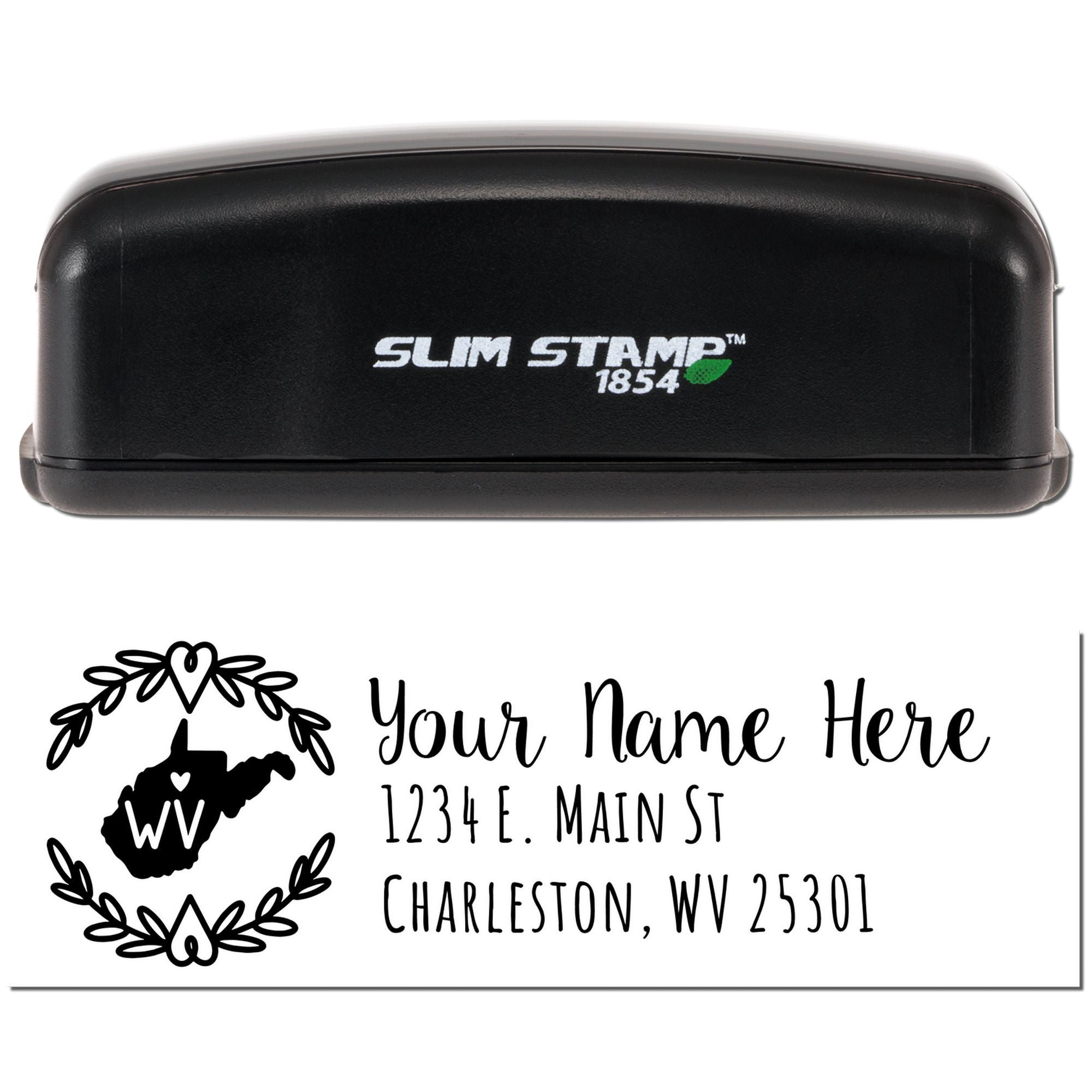 Custom self-inking address rubber stamp with West Virginia wreath design, personalized name, and return mailing address.
