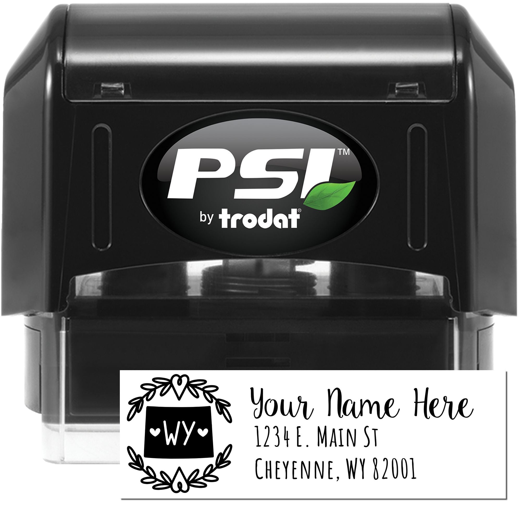 Personalized PSI self-inking rubber address stamp by Trodat with custom name and Cheyenne, WY return address.