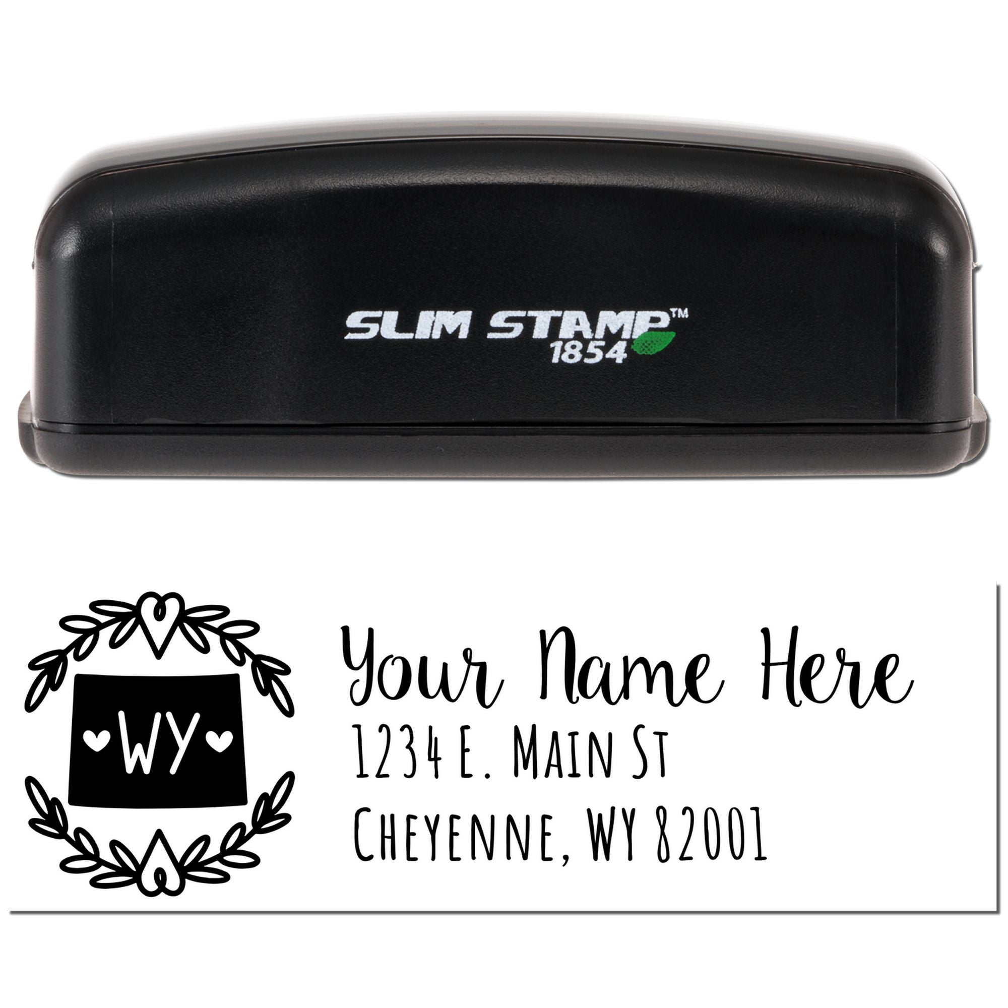 Custom Slim Stamp self-inking rubber stamp with personalized name and return address design for envelopes and mailing.