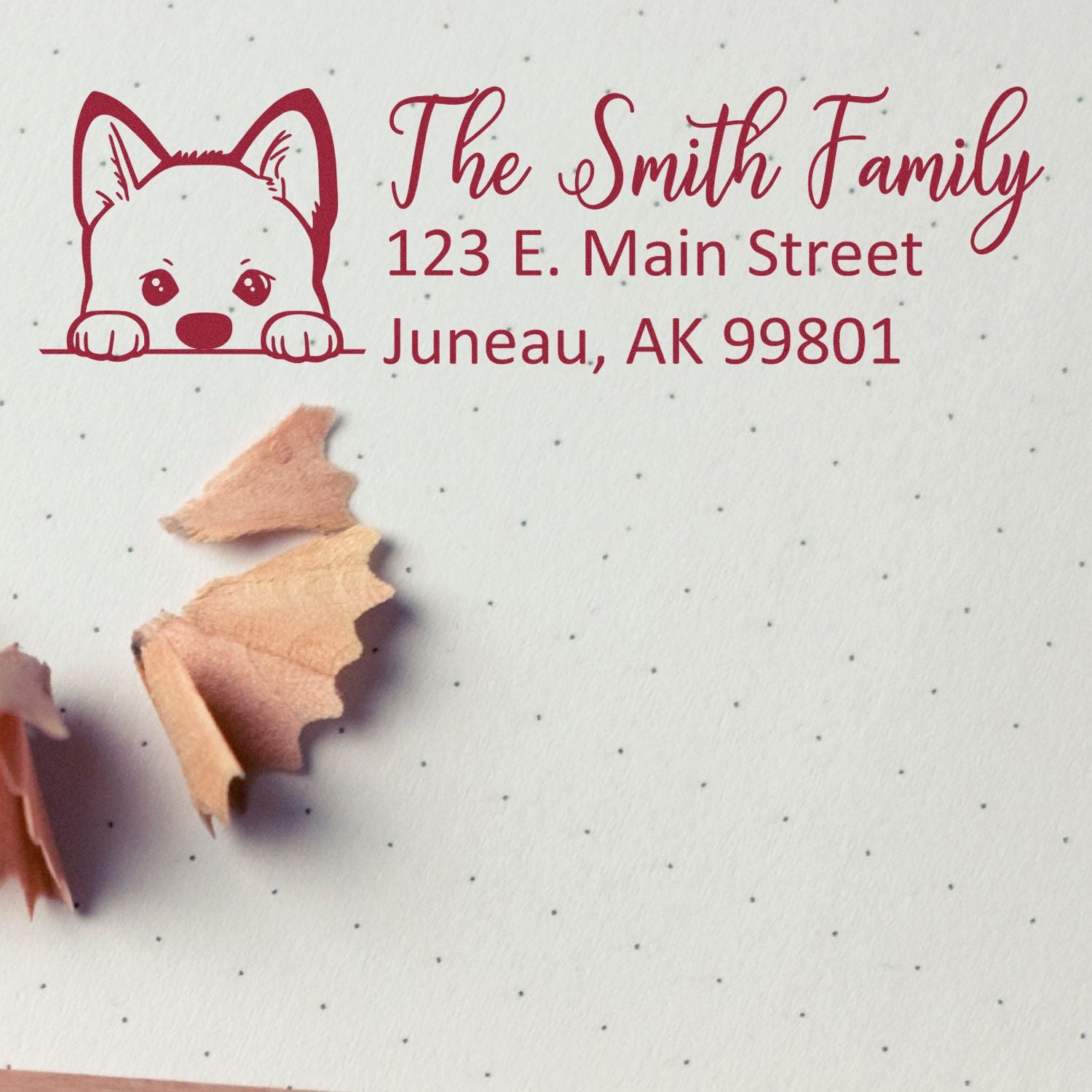 Personalized dog return address rubber stamp for envelopes, featuring The Smith Family and Juneau, AK mailing address
