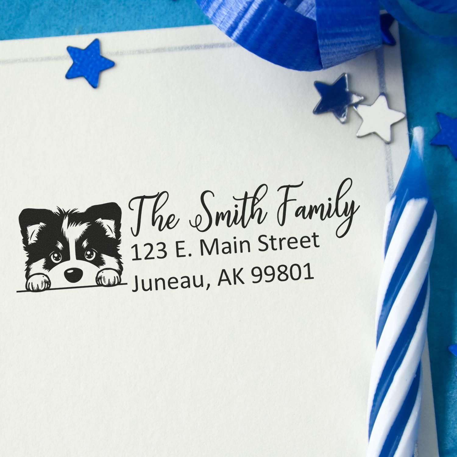 Custom personalized rubber stamp return address with raccoon design for The Smith Family, Juneau, AK mailing address.