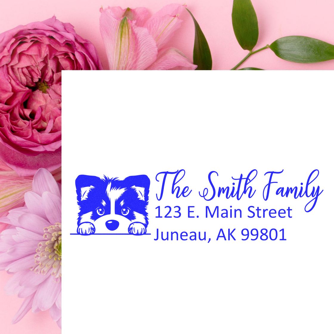 Custom family return address rubber stamp with raccoon design, The Smith Family, 123 E. Main Street, Juneau, AK 99801.