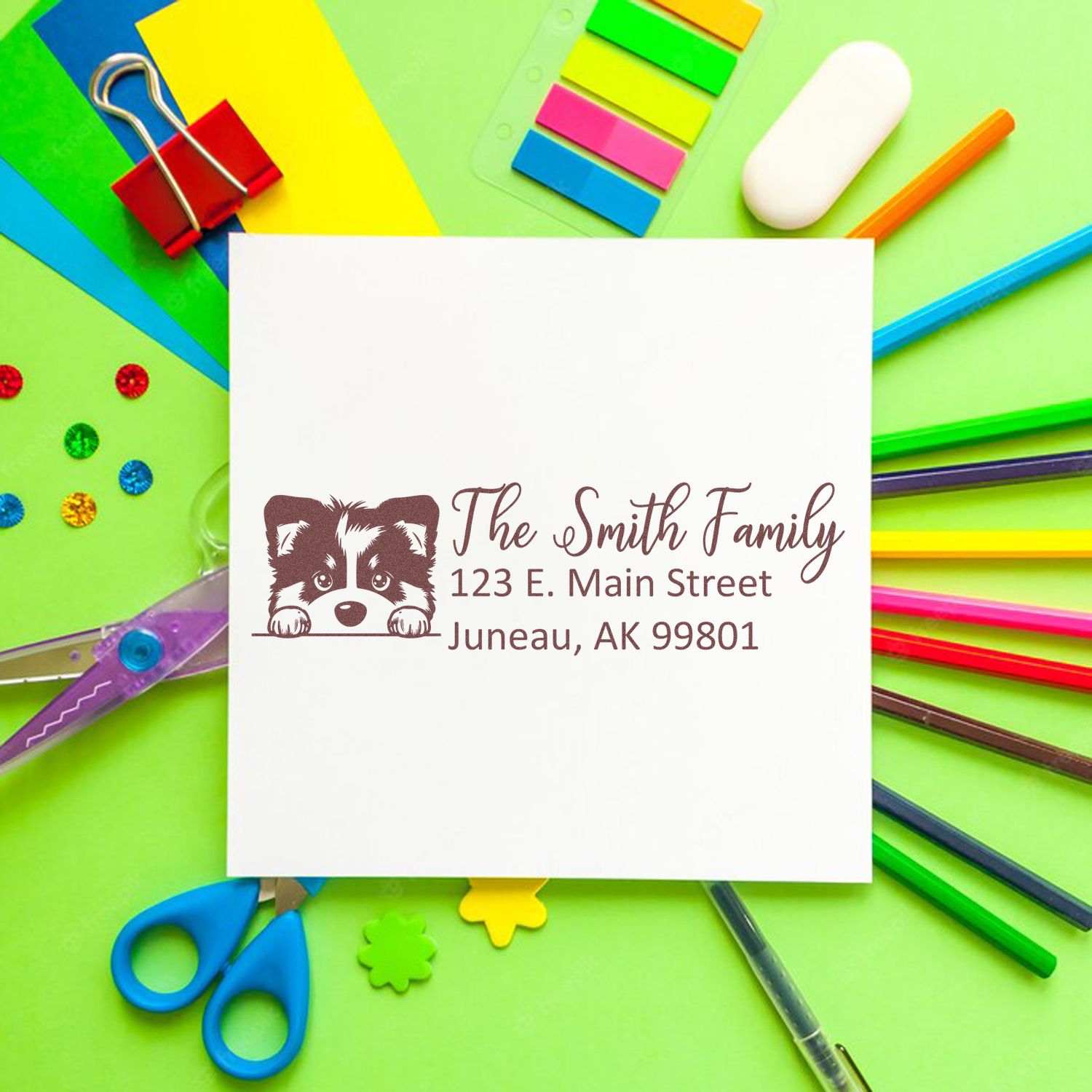 Personalized family return address rubber stamp with raccoon design for mailing envelopes and stationery