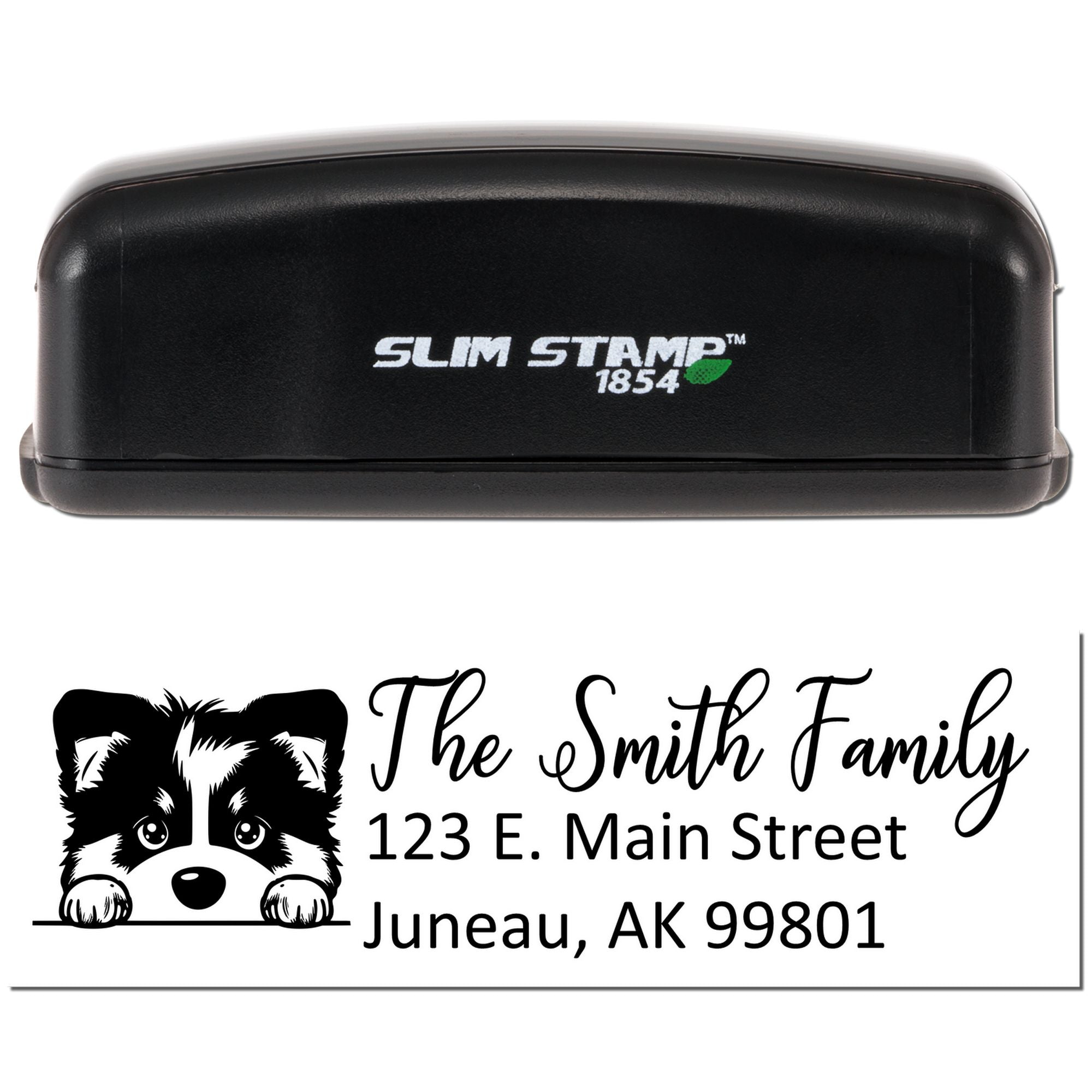 Custom address rubber stamp with dog graphic and family name, shown in Slim Stamp 1854 self-inking case.