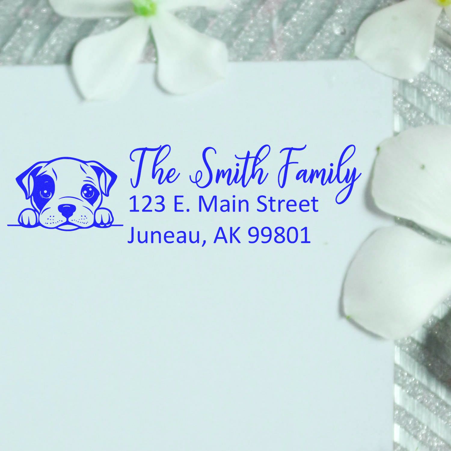 Custom dog return address rubber stamp for The Smith Family, 123 E. Main Street, Juneau, AK 99801