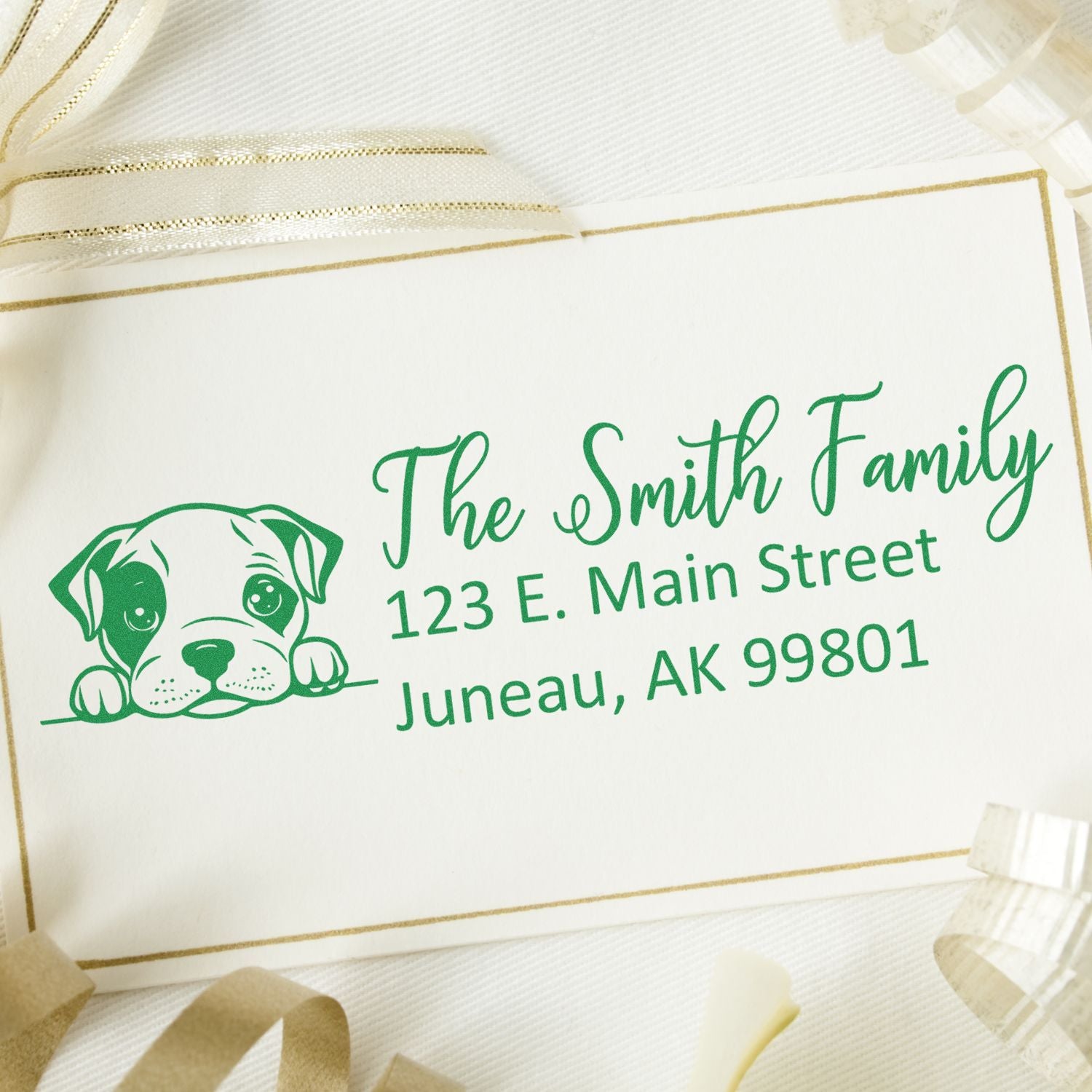 Custom puppy return address rubber stamp for The Smith Family, 123 E. Main Street, Juneau, AK 99801.