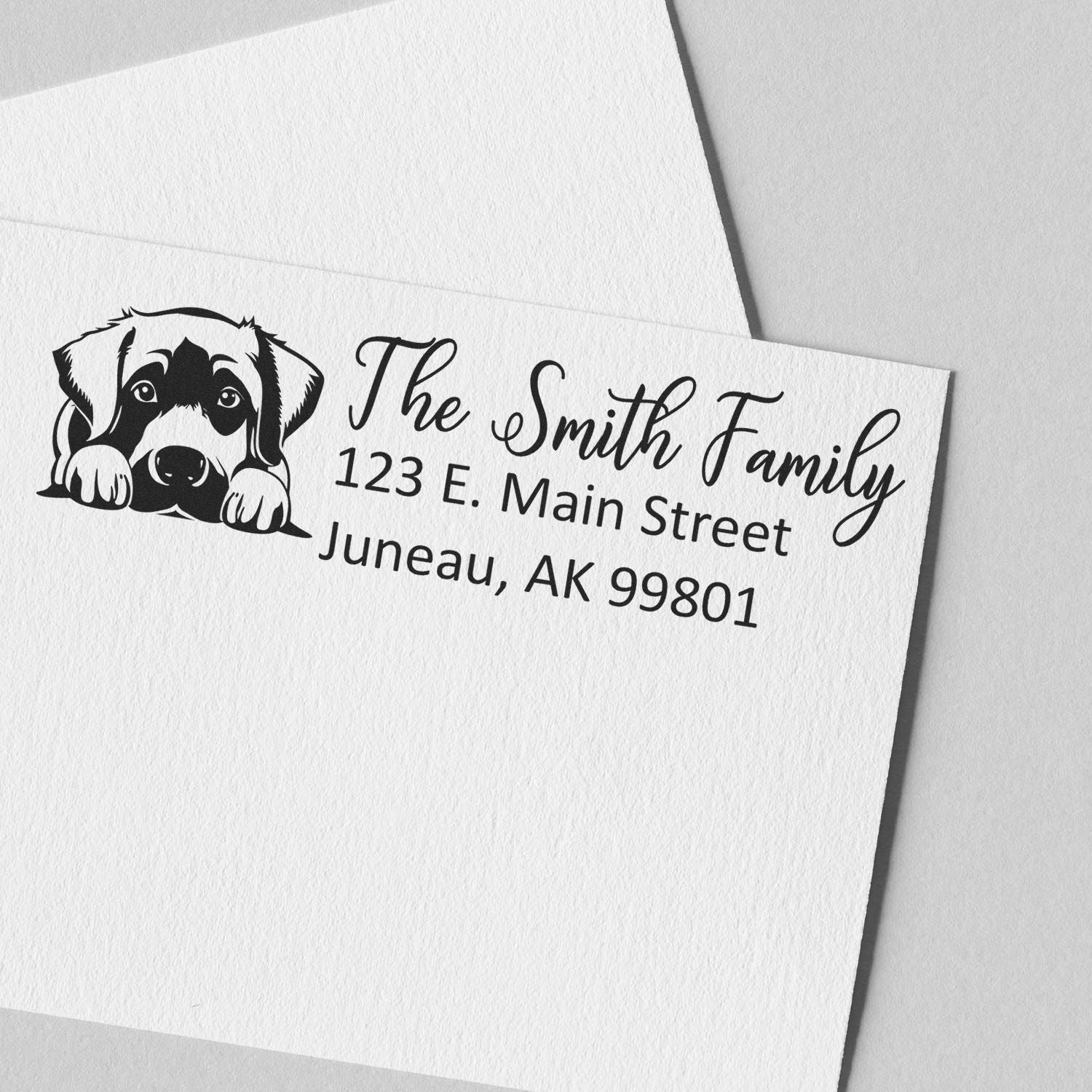 Custom return address rubber stamp for The Smith Family with dog illustration, 123 E. Main Street, Juneau, AK 99801.