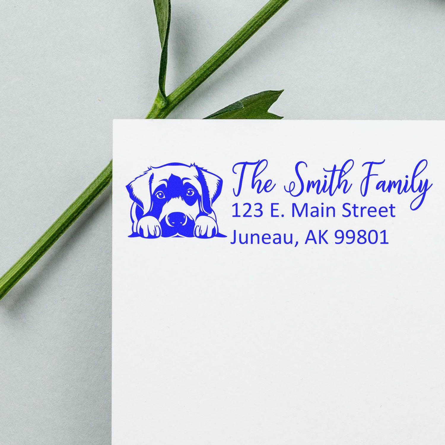 Personalized dog return address rubber stamp for The Smith Family, with pet illustration and Juneau, AK mailing address