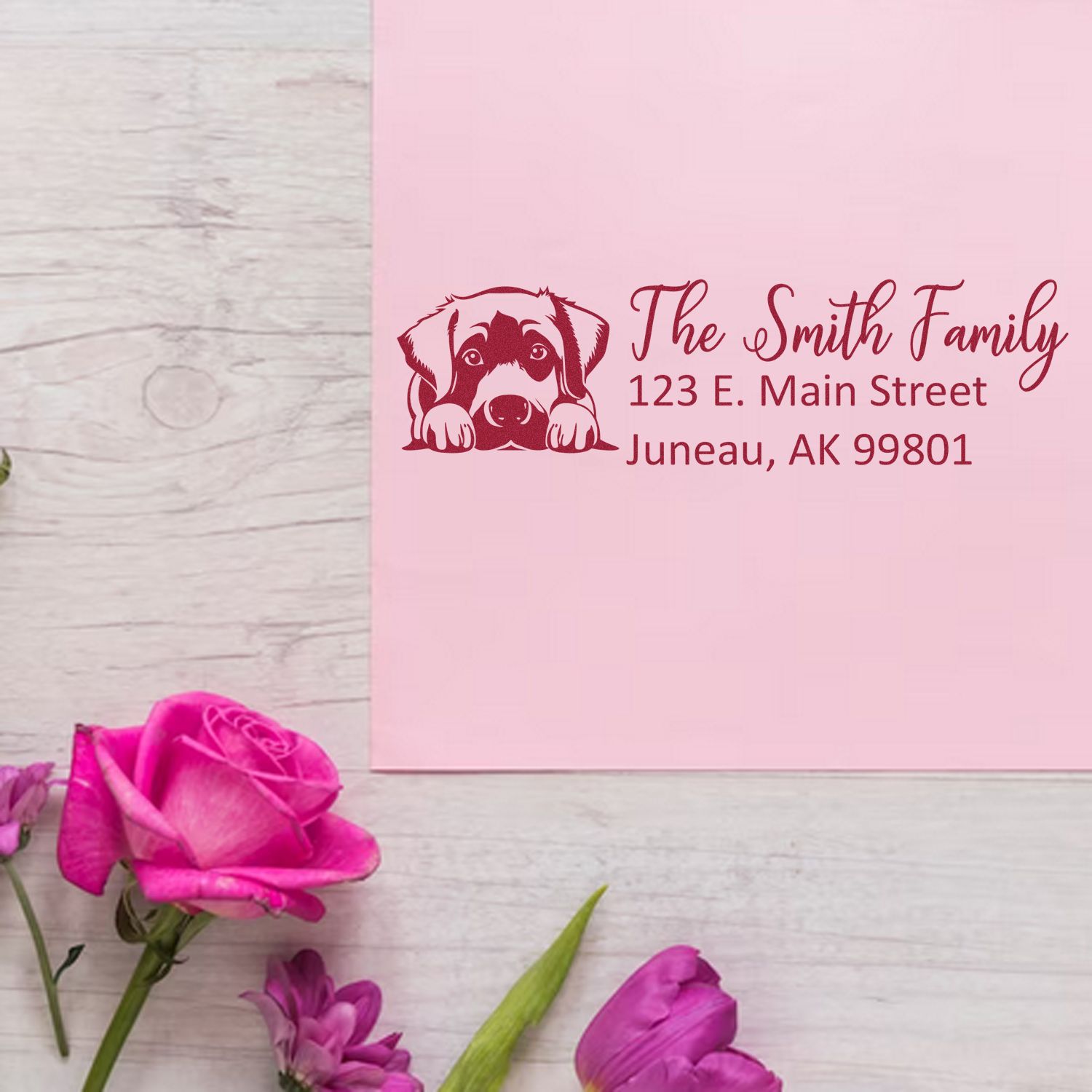 Personalized dog return address rubber stamp for The Smith Family, 123 E. Main Street, Juneau, AK 99801