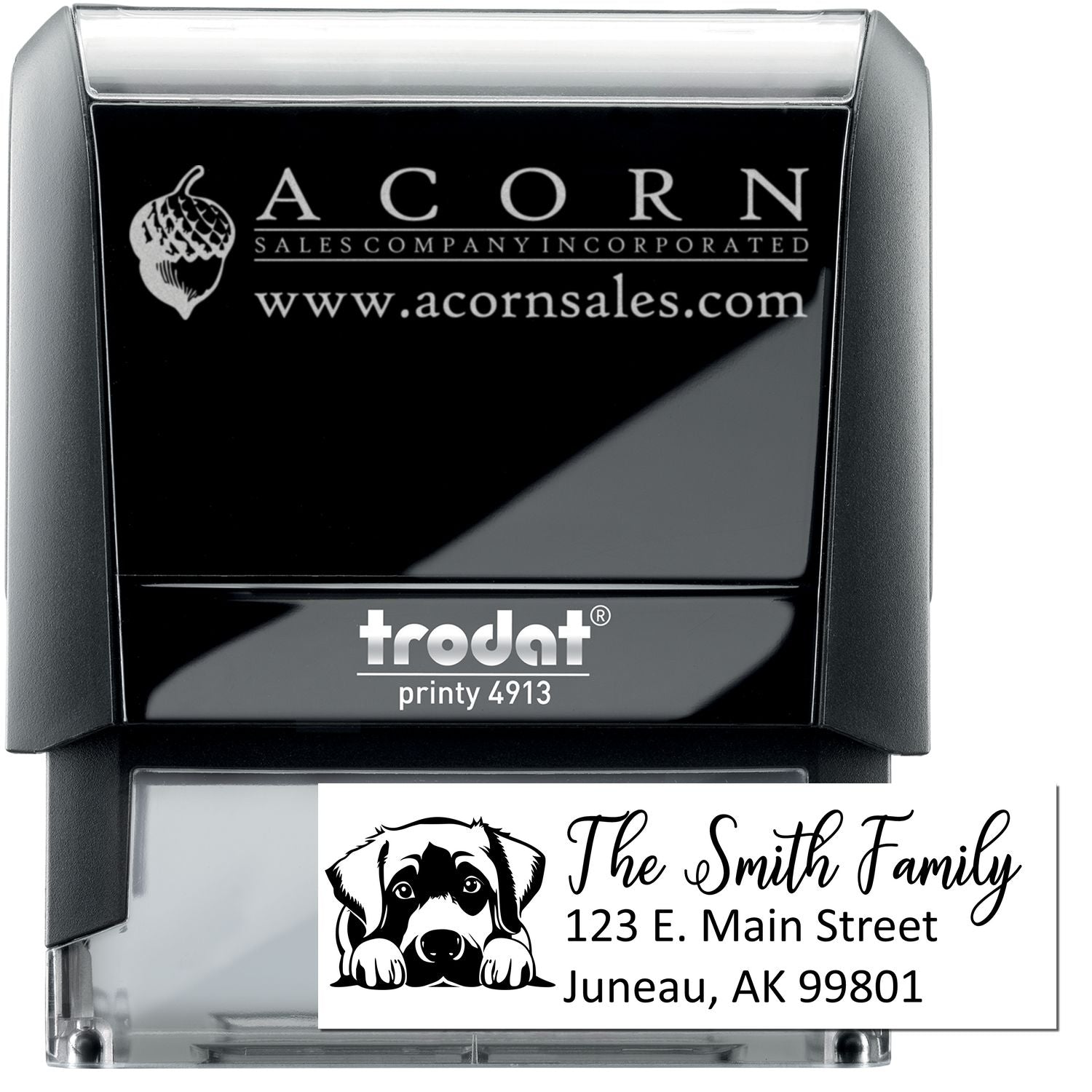 Trodat Printy 4913 custom self-inking rubber stamp with business logo and address design for personalized branding.