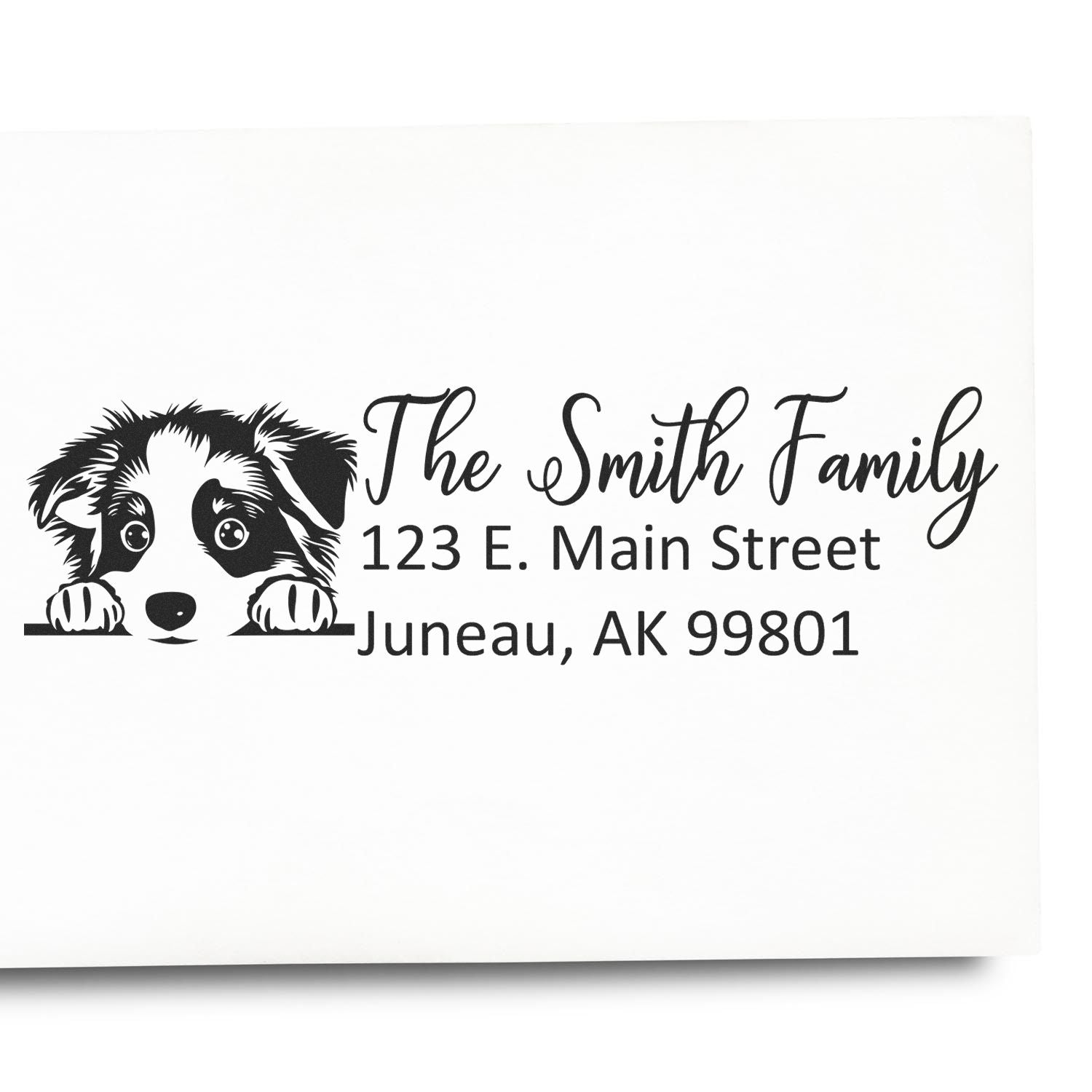 Personalized dog address rubber stamp with The Smith Family name and Juneau, AK mailing address.