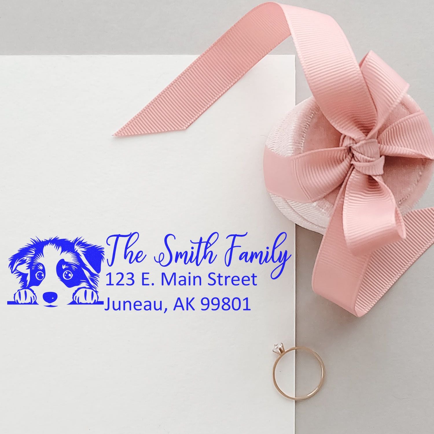 Personalized return address rubber stamp with puppy design for wedding invitations and gift envelopes