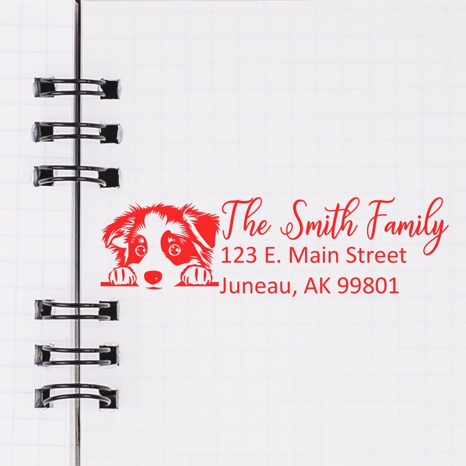Custom rubber stamp with puppy design and The Smith Family return address for personalized mailing labels.