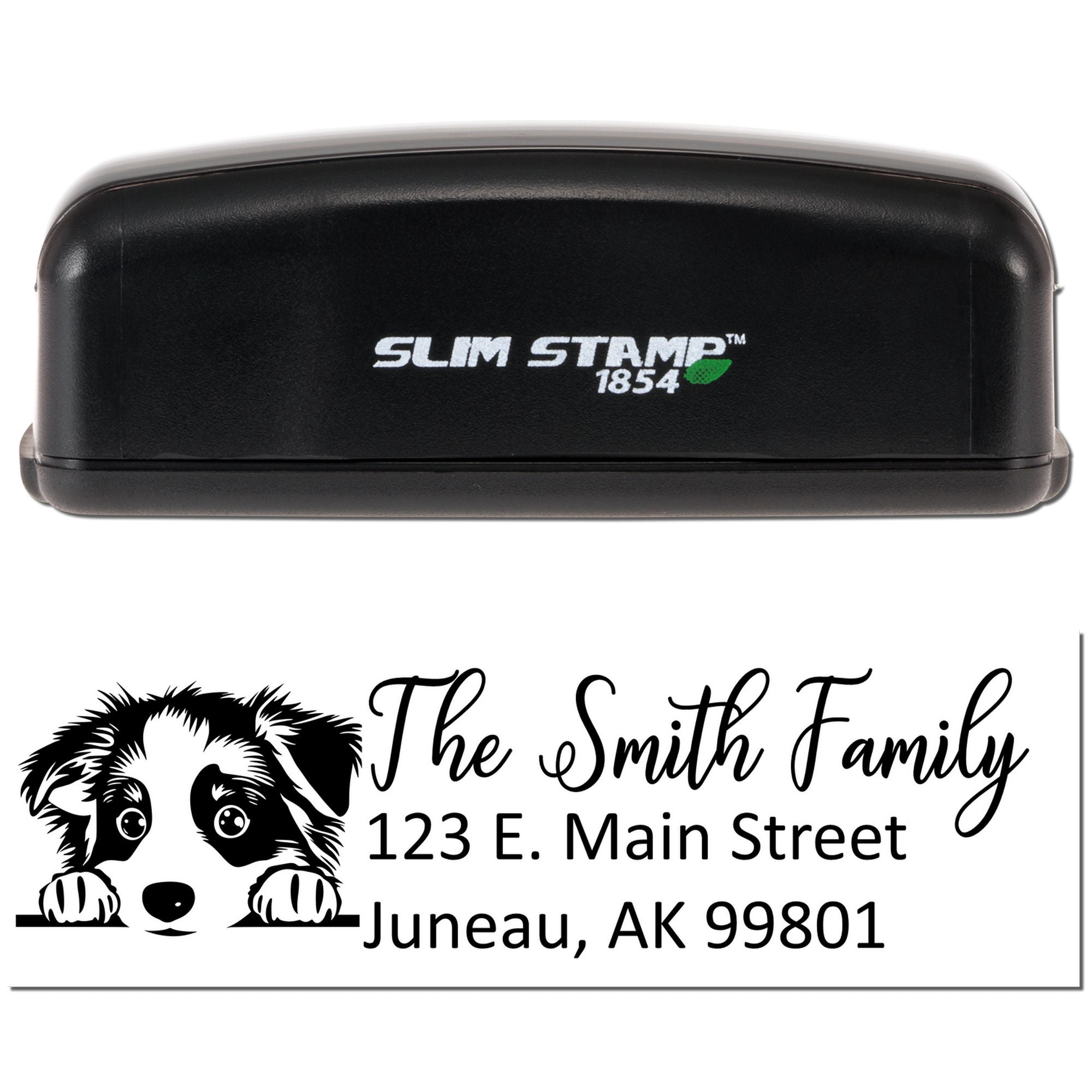 Slim Stamp 1854 self-inking rubber stamp with custom dog return address design for The Smith Family, Juneau, AK 99801