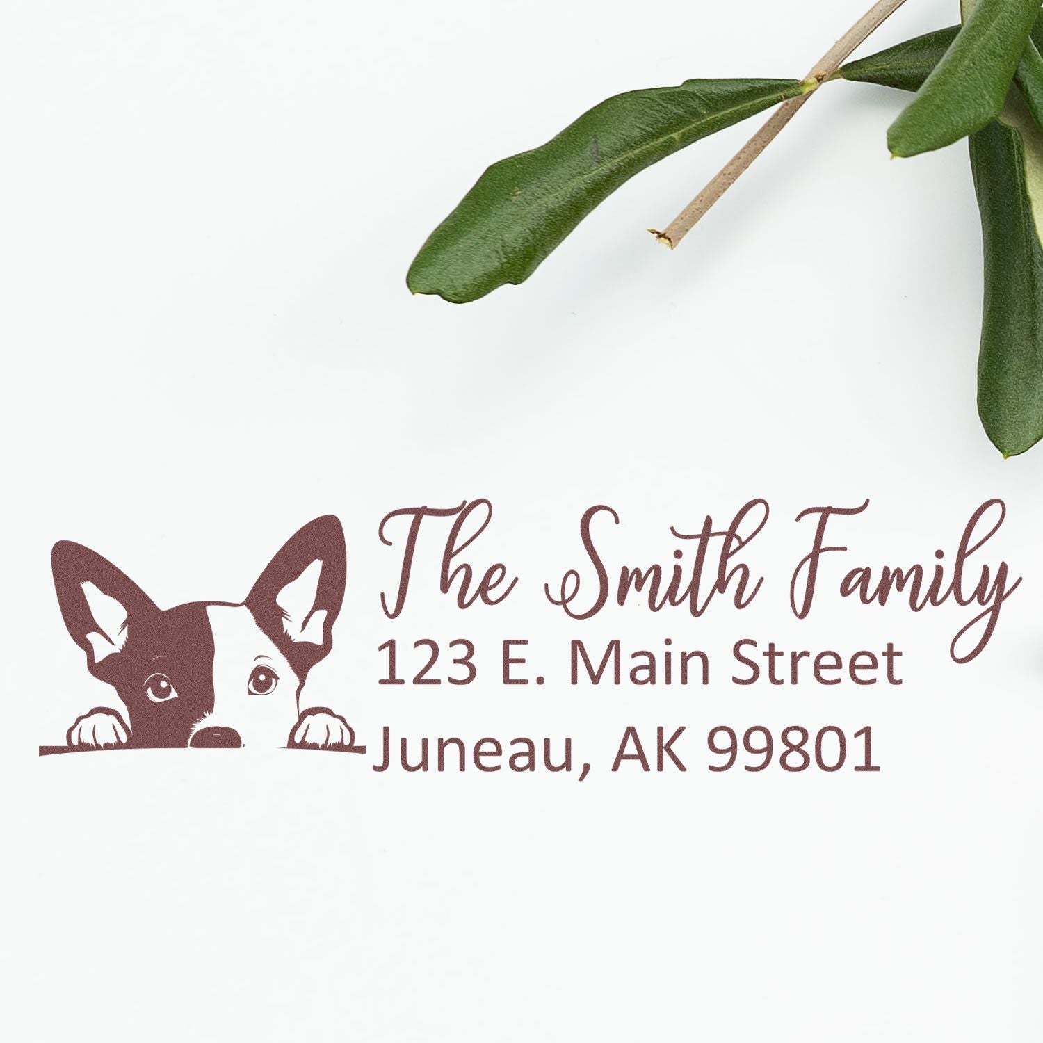 Personalized corgi return address rubber stamp for The Smith Family, Juneau AK 99801