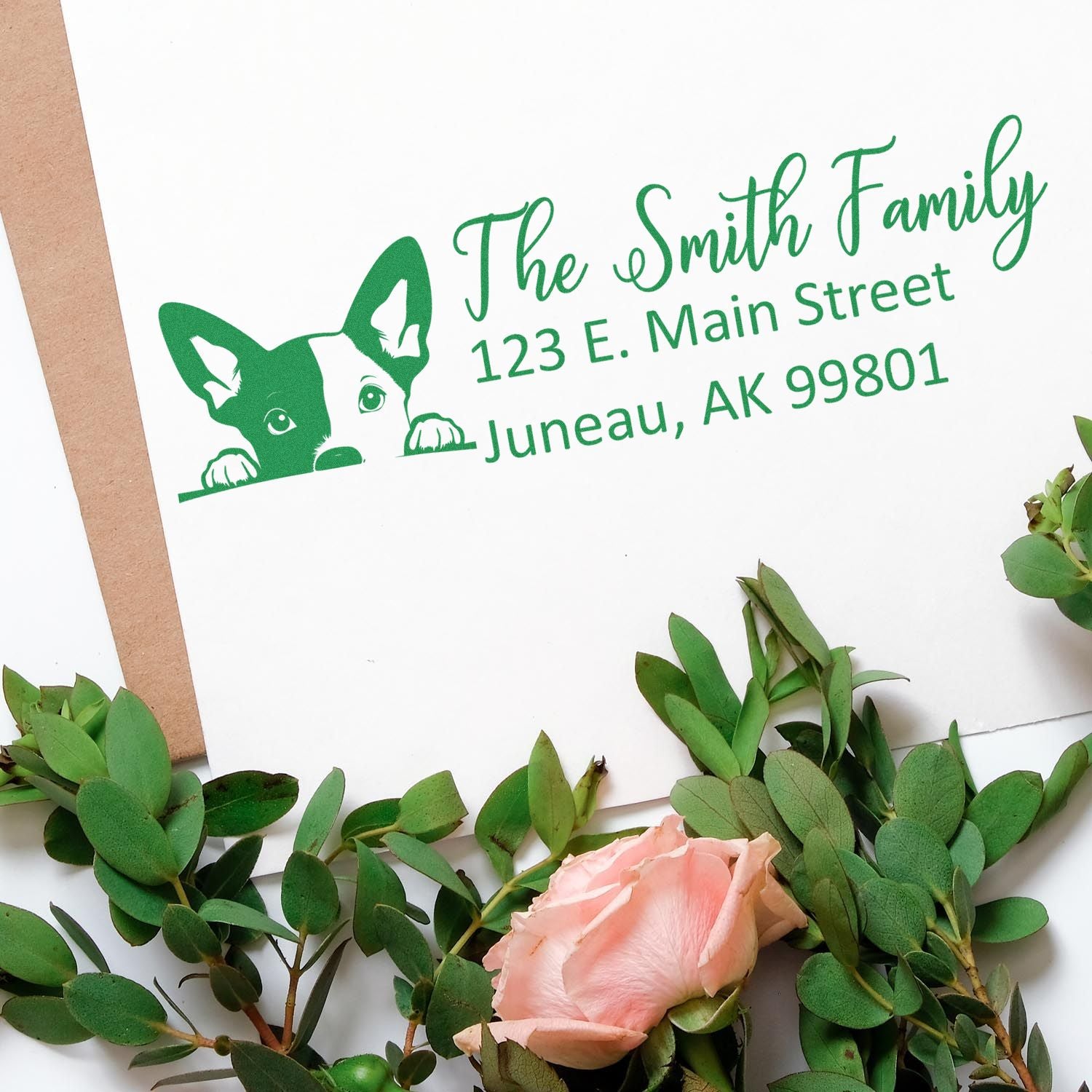 Custom personalized return address rubber stamp with dog graphic for The Smith Family, Juneau, AK.
