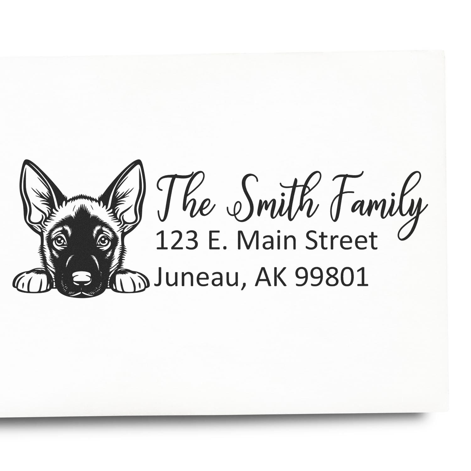 Custom family address rubber stamp with dog portrait, The Smith Family, 123 E. Main Street, Juneau, AK 99801