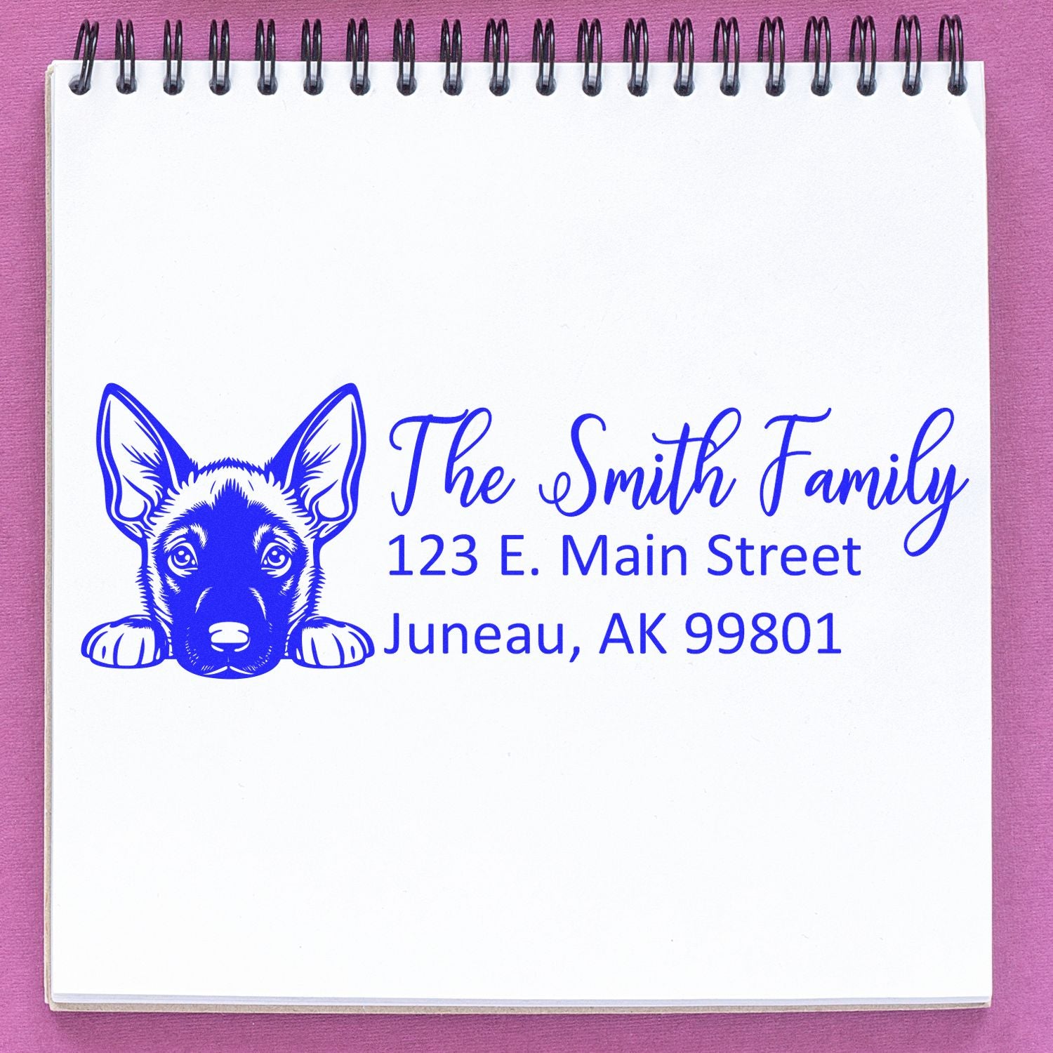 Personalized rubber return address stamp with German Shepherd design and Smith family address